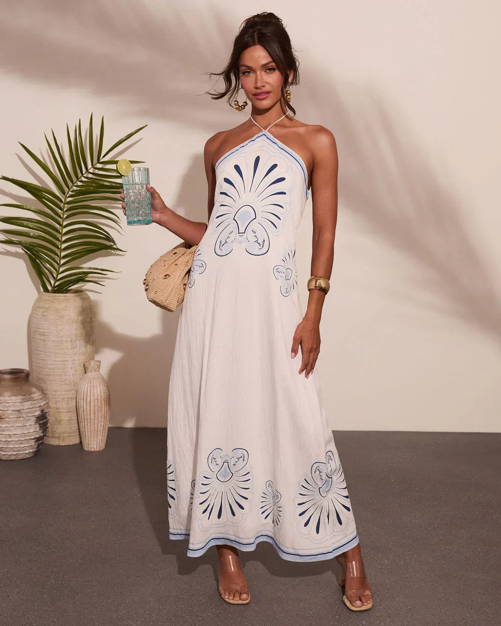Kirby Abstract Shell Print Halter Neck Maxi Dress