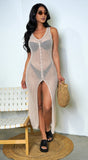 Lianna Crochet Button Down Cover Up Dress Beige