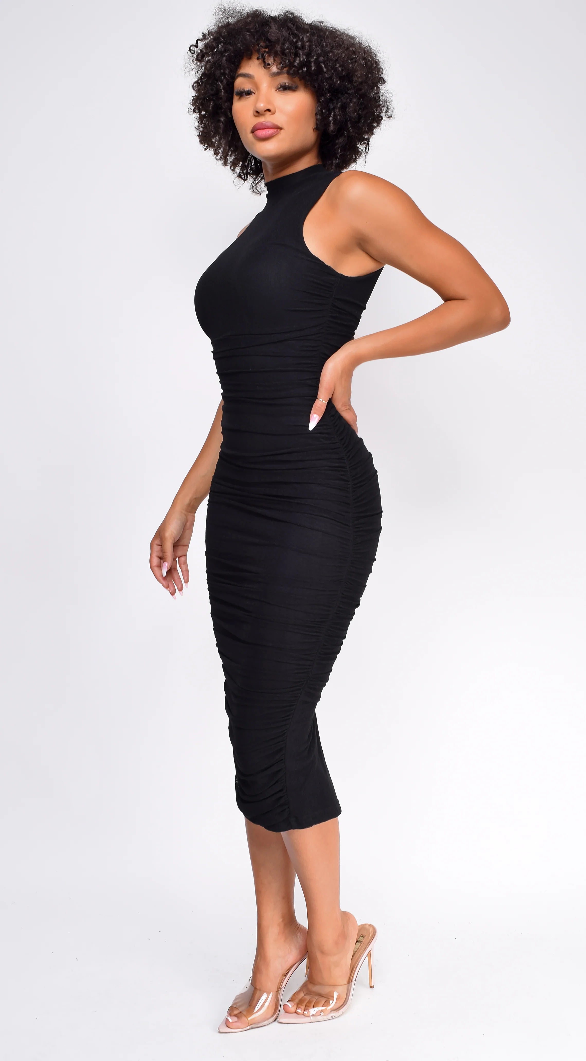 Delina High Neck Ruched Midi Dress Black