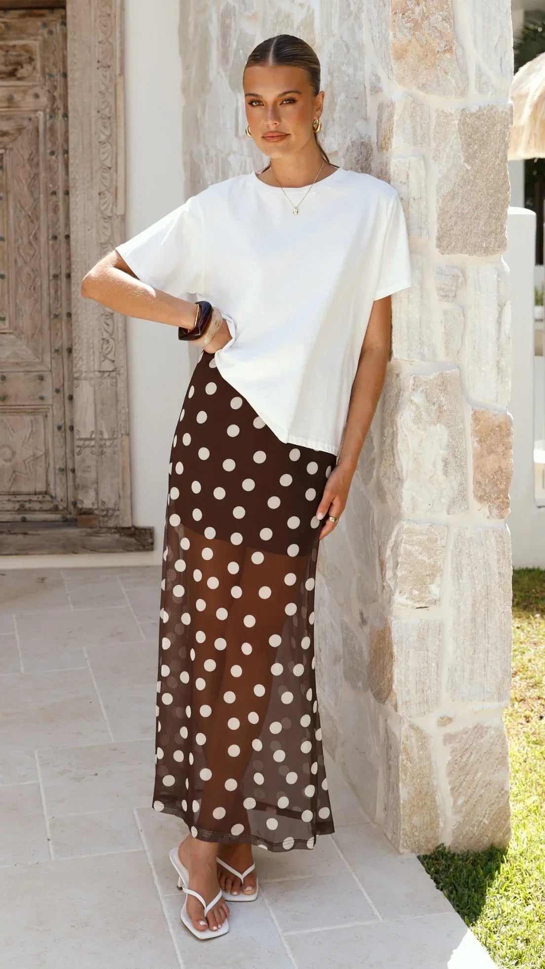 Onella Semi Sheer Maxi Skirt Chocolate White Polka Dot