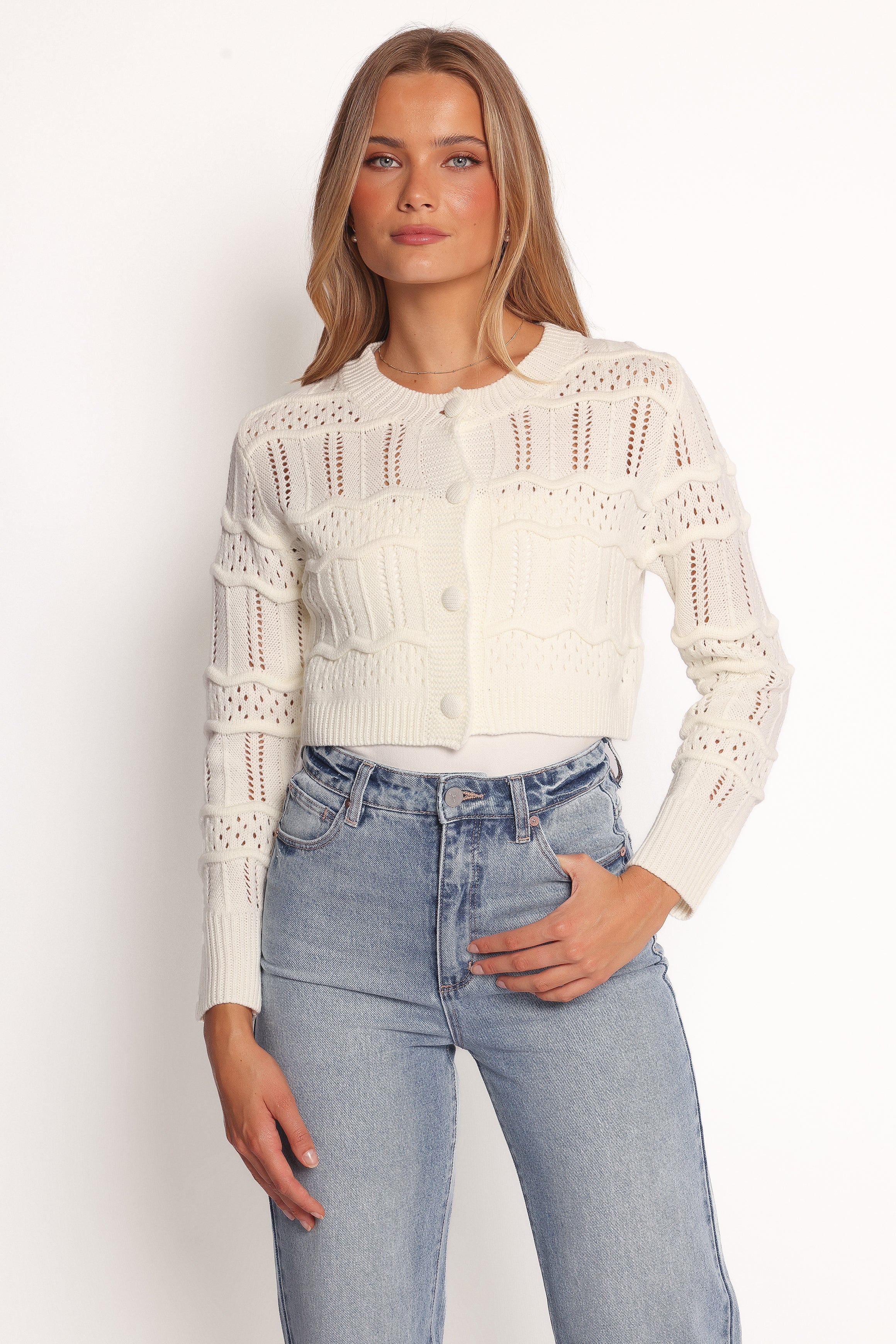 Aidy Crop Button Front Cardigan White