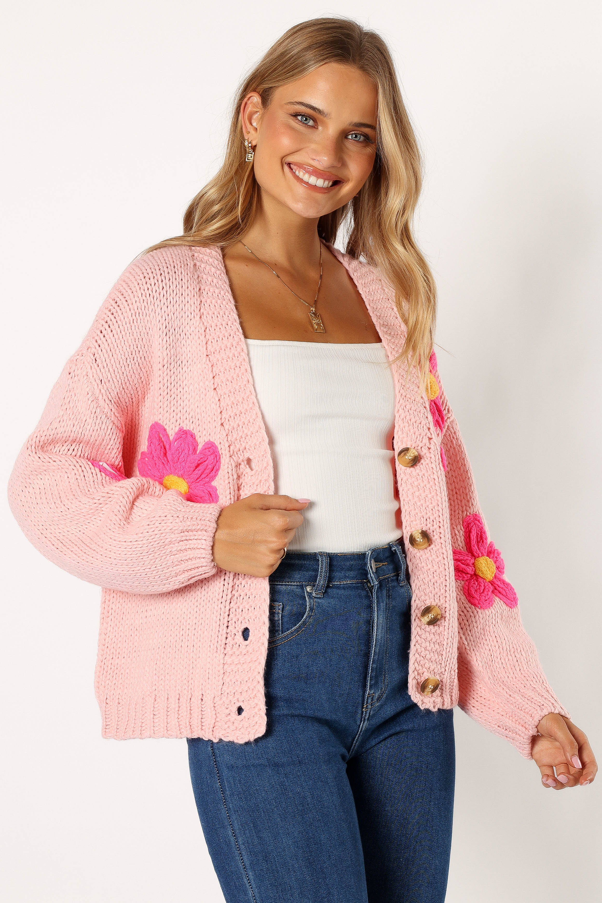 Clementine Flower Embroidered Open Front Cardigan Pink