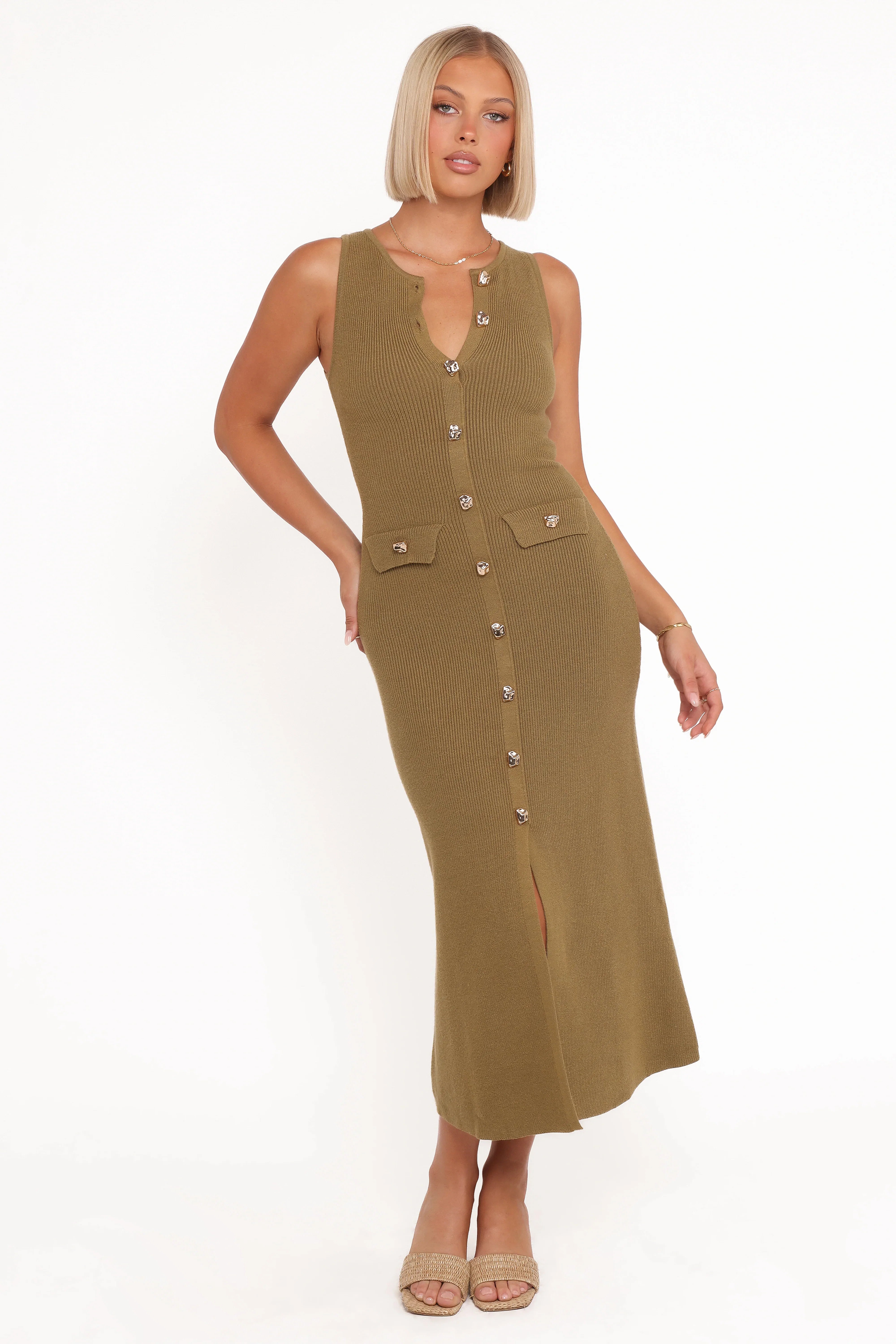 Aspen Button Up Knit Dress Olive
