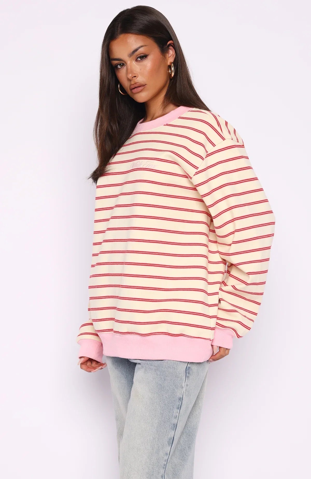 Happy Go Lucky Oversized Sweater Cream Red Stripe