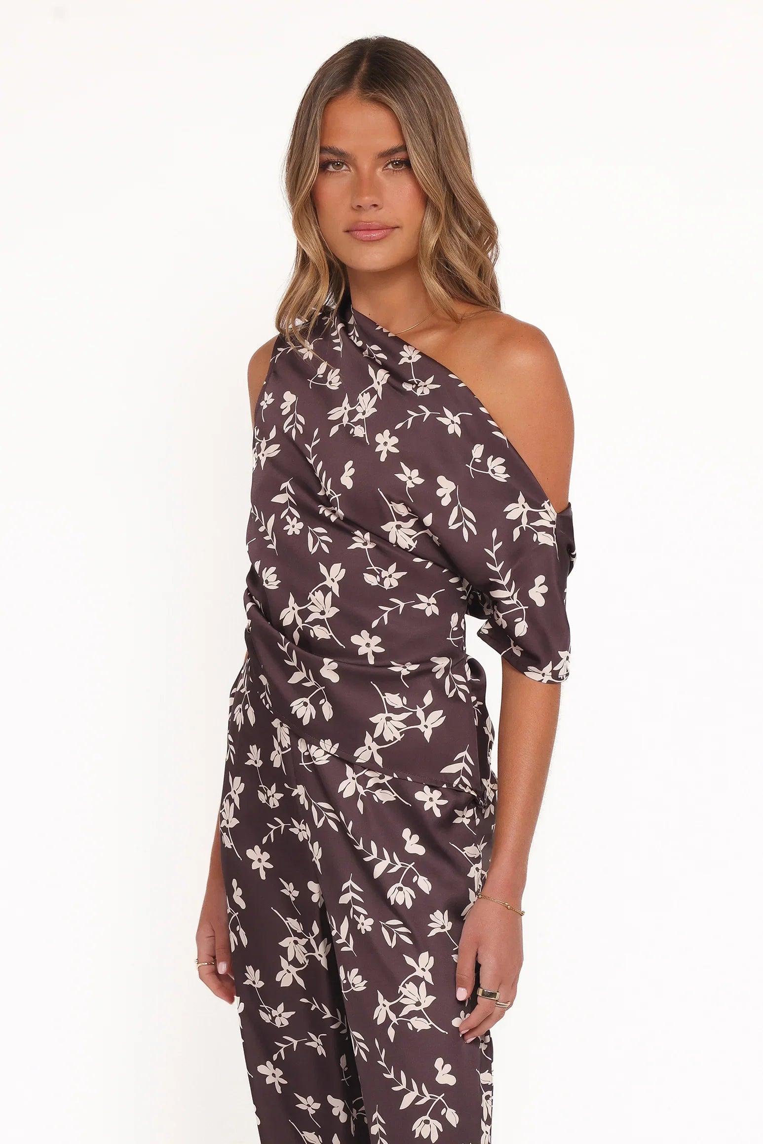 Romola Off Shoulder Top Brown Cream Floral
