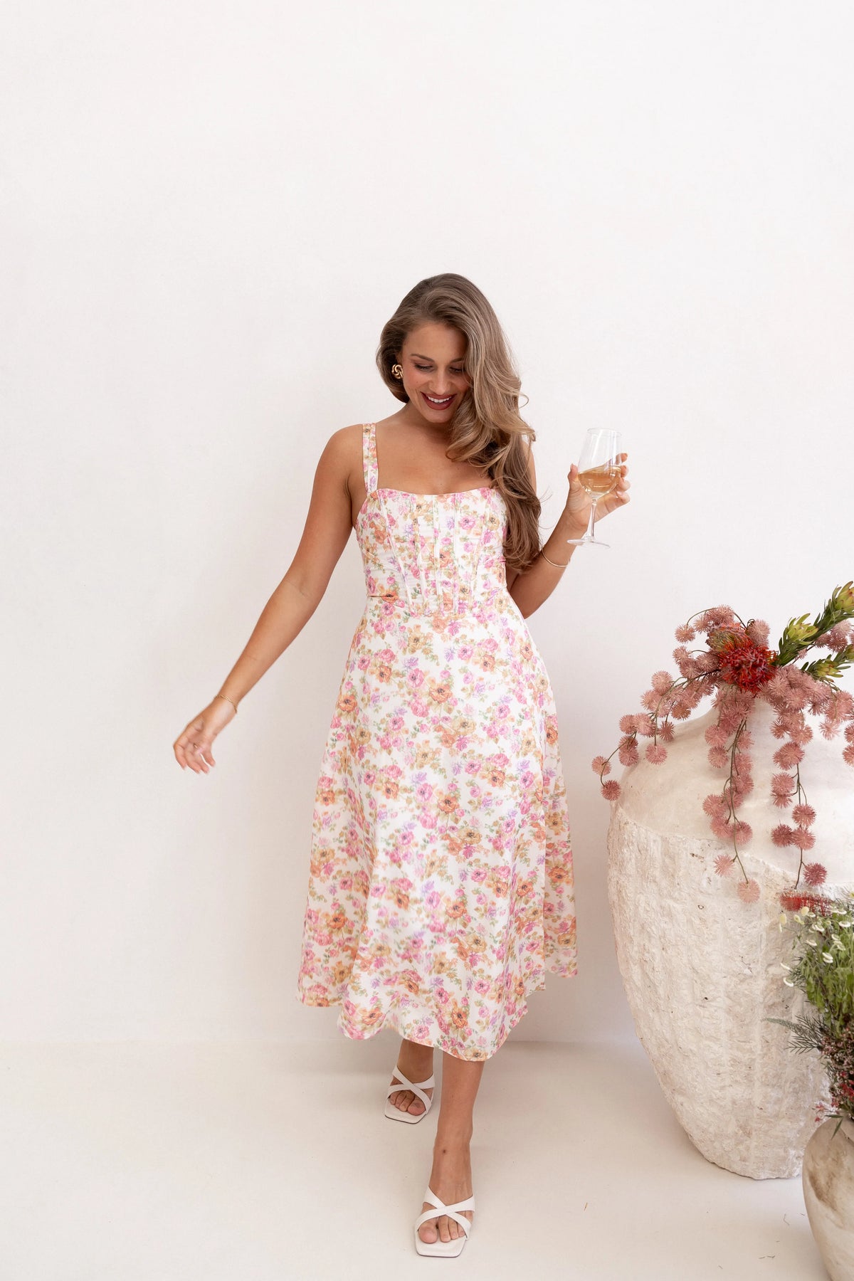 Cosima Midi Dress Pink Floral