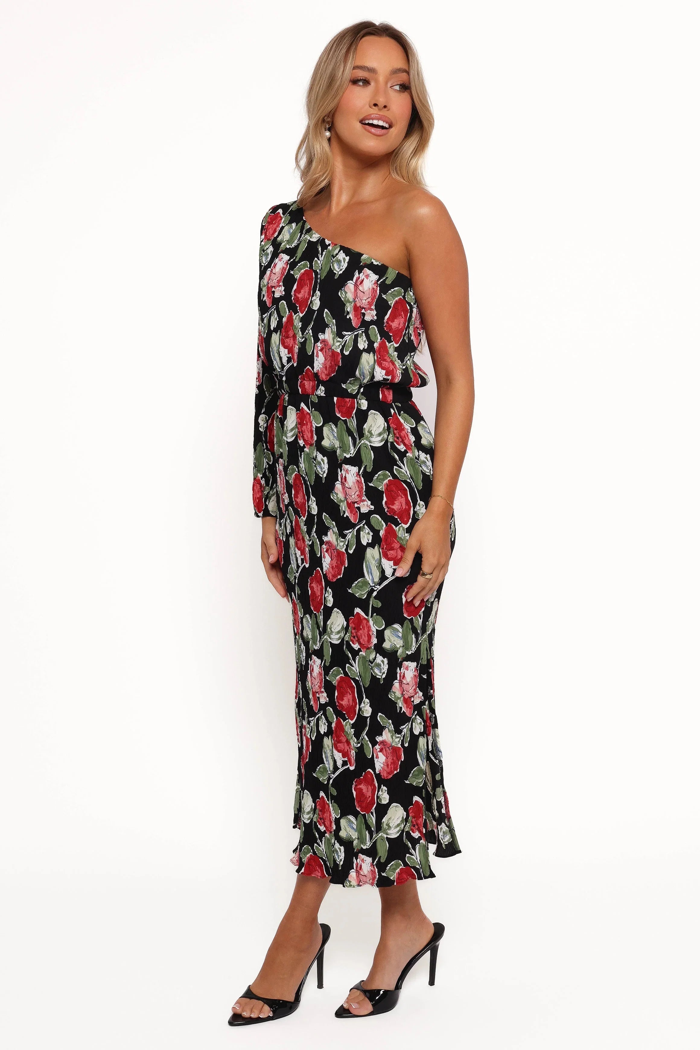 Pontee One Shoulder Pleated Midi Dress Black Rose Print