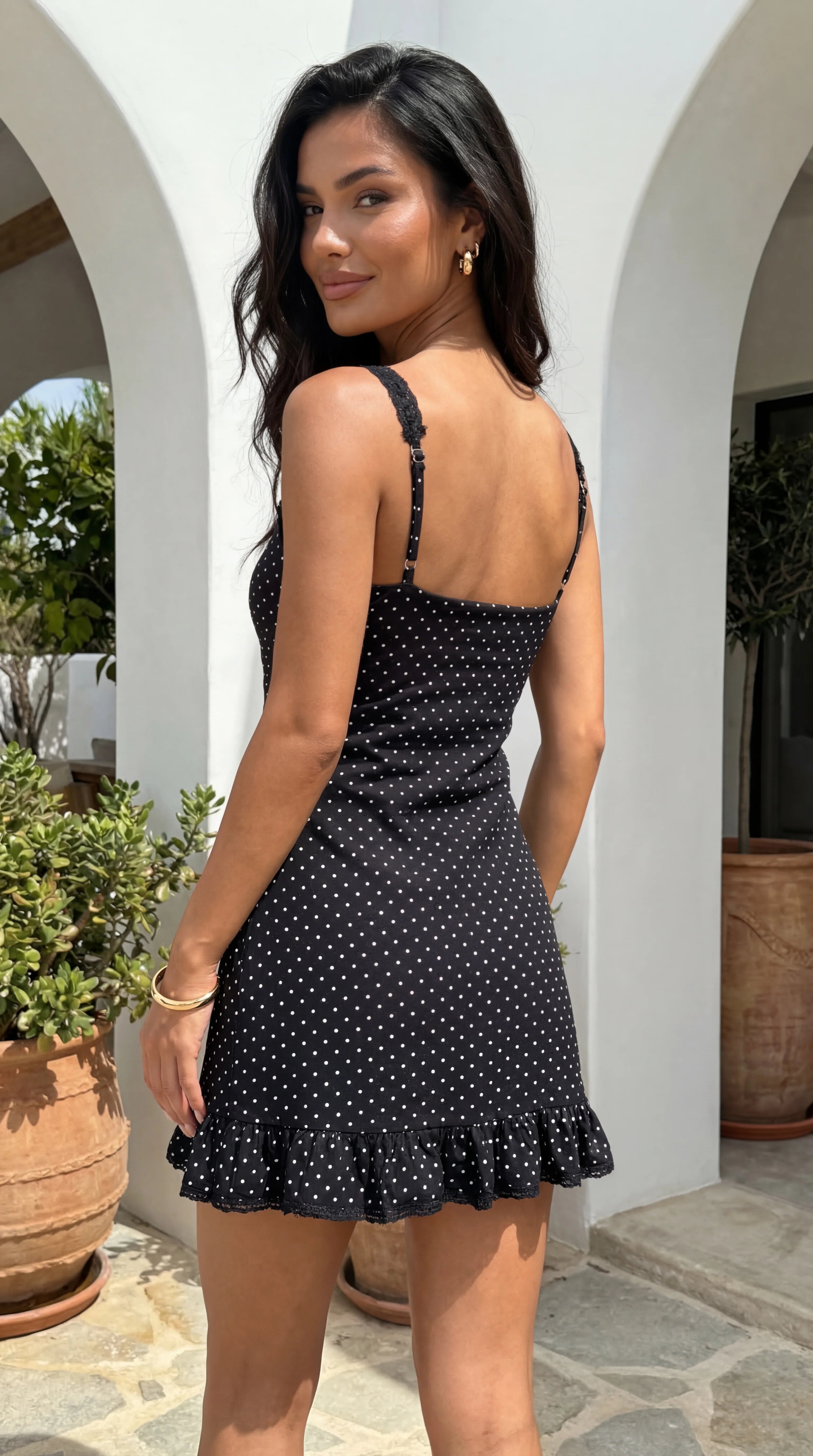 Calyssa Polka Dot Lace Trim Mini Dress Black