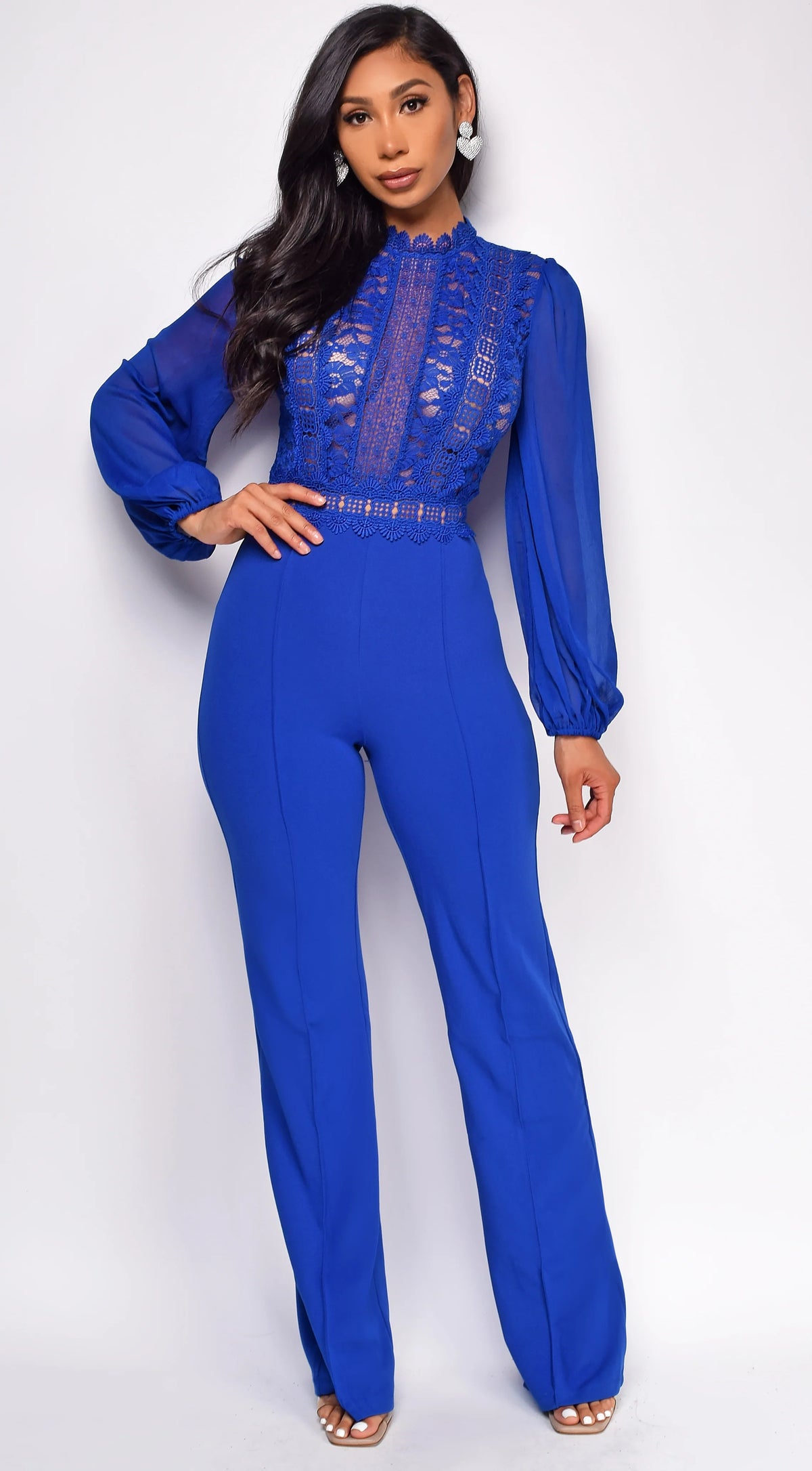 Nerine Crochet Lace Mesh Jumpsuit Royal Blue