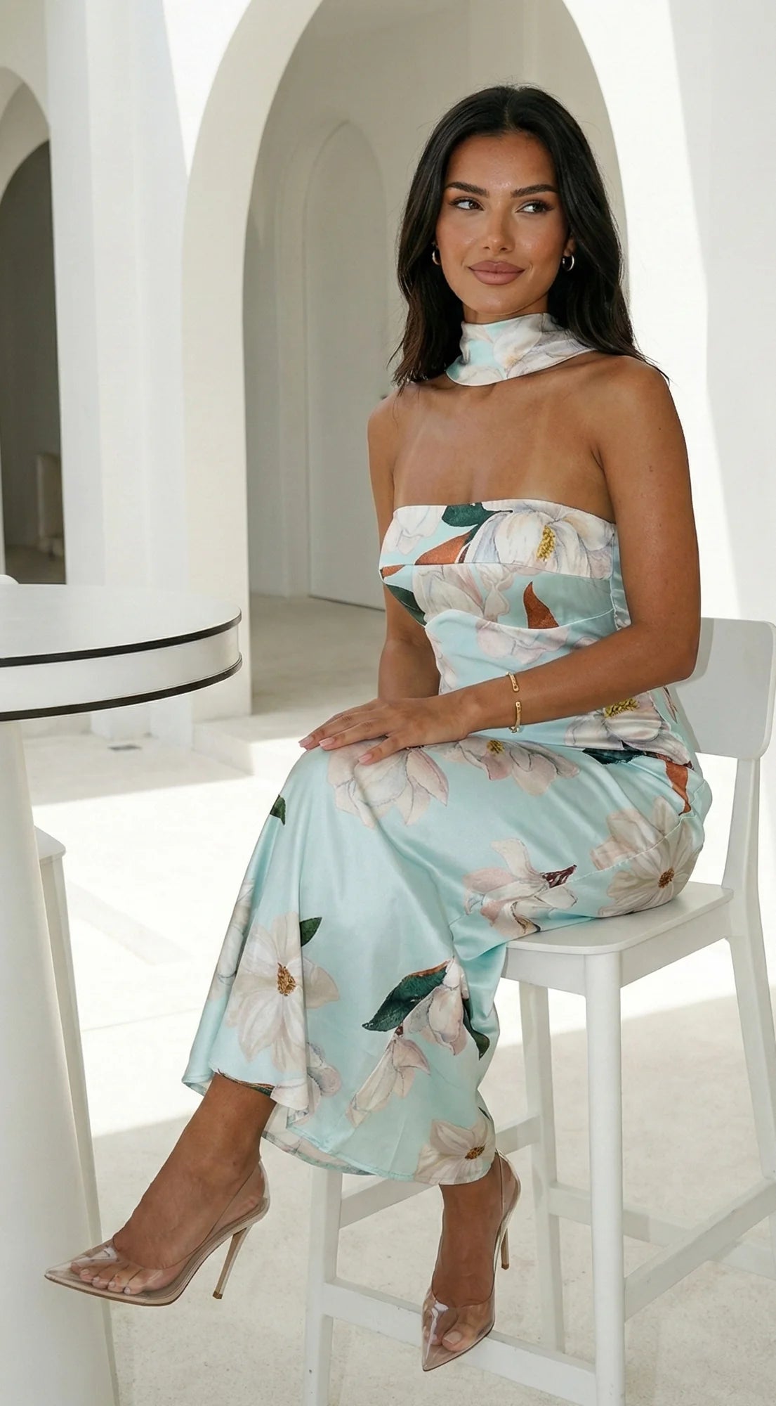 Elysira Reverse Halter Floral Satin Maxi Dress Mint Blue