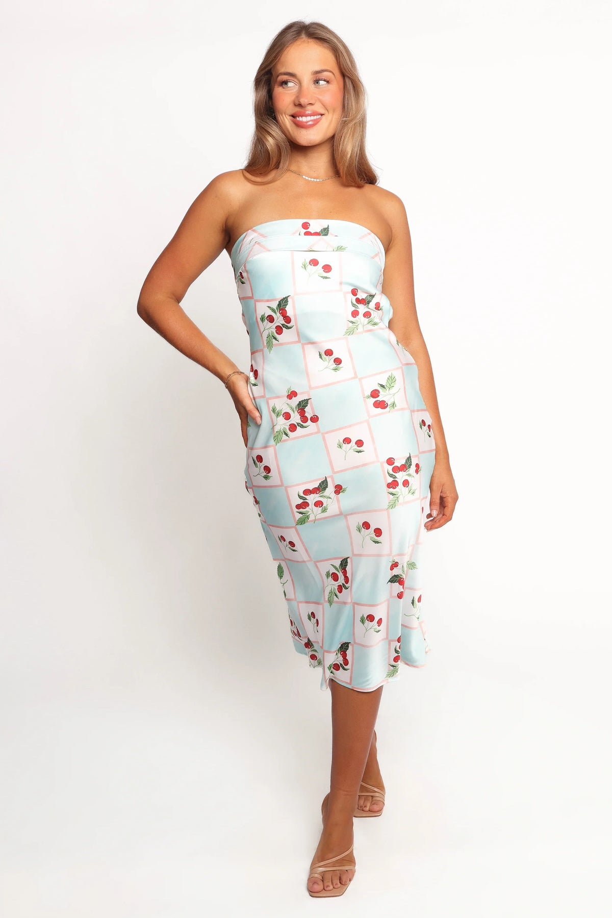 Benton Strapless Midi Dress Cherry Print