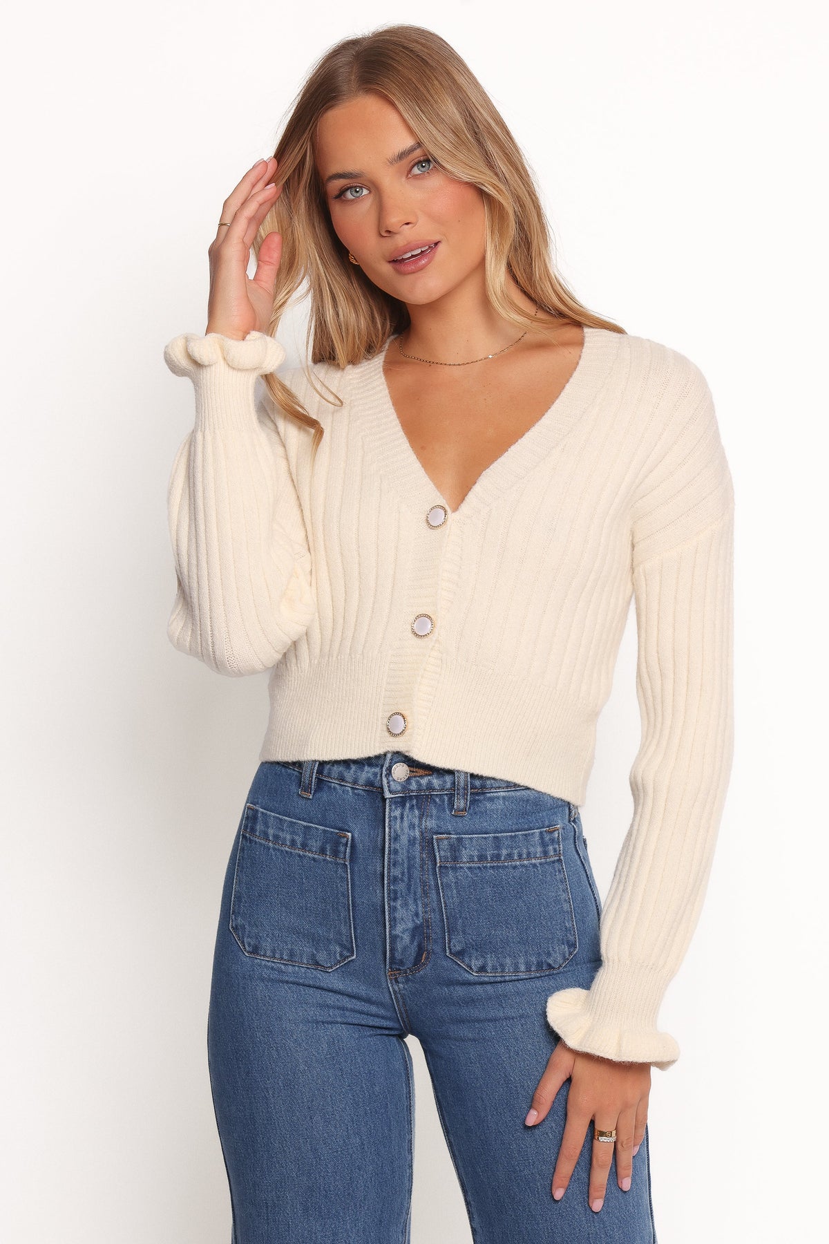 Zana Ribbed Ruffle Cuff Knit Sweater Cream