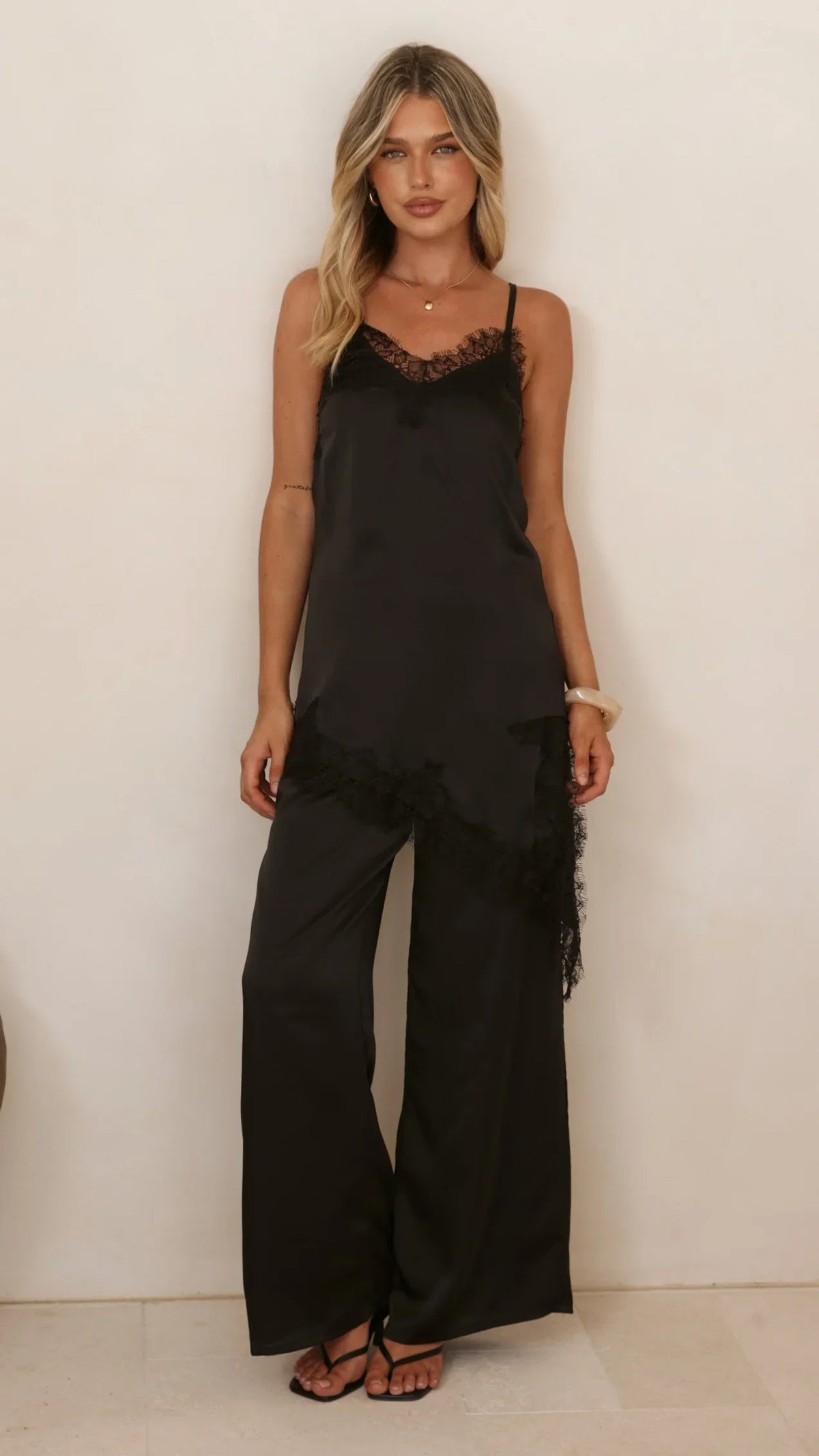 Hayleigh Asymmetrical Top and Pants Set Black Lace