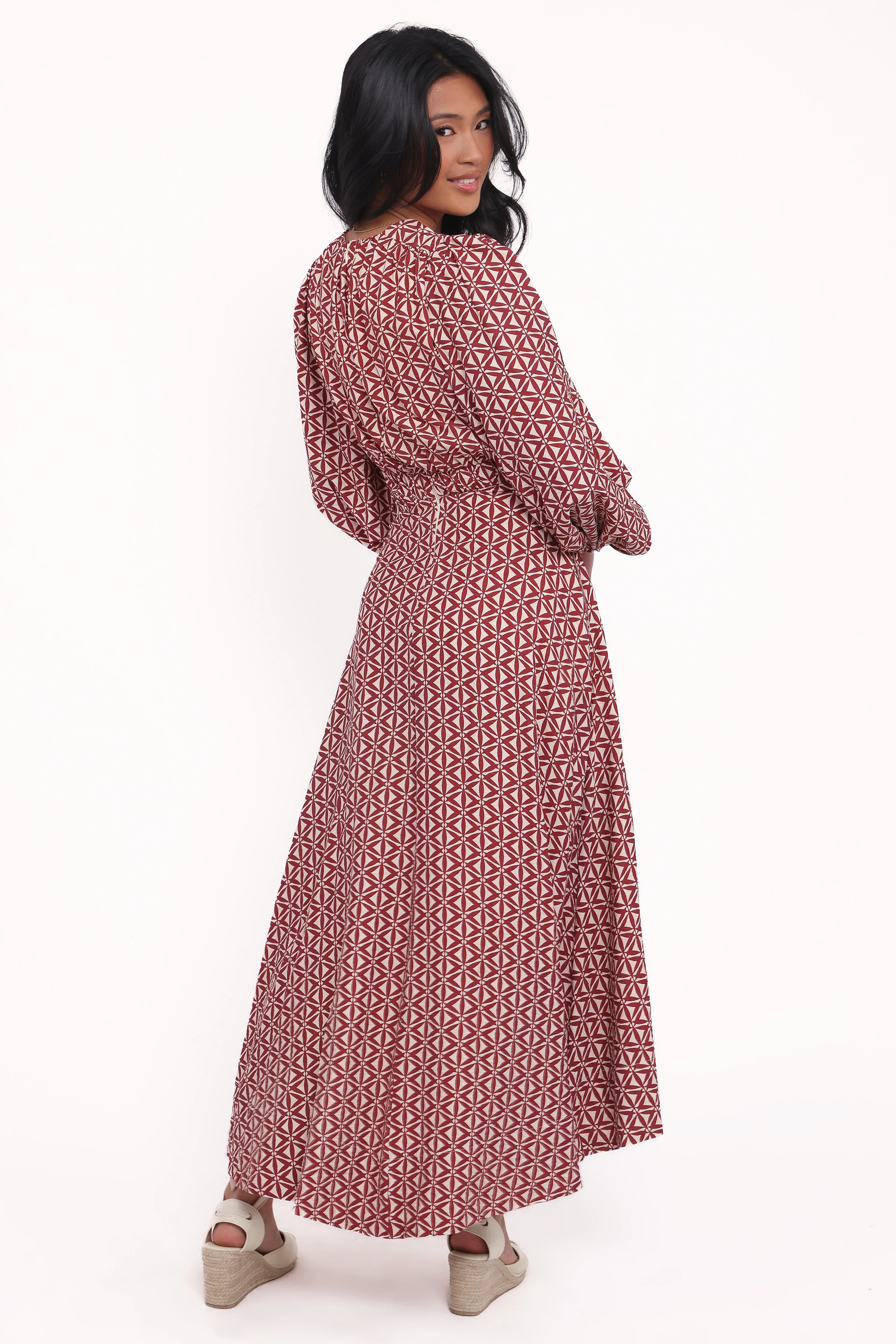 Ginnee Puff Sleeve Cutout Midi Dress Brown Geo