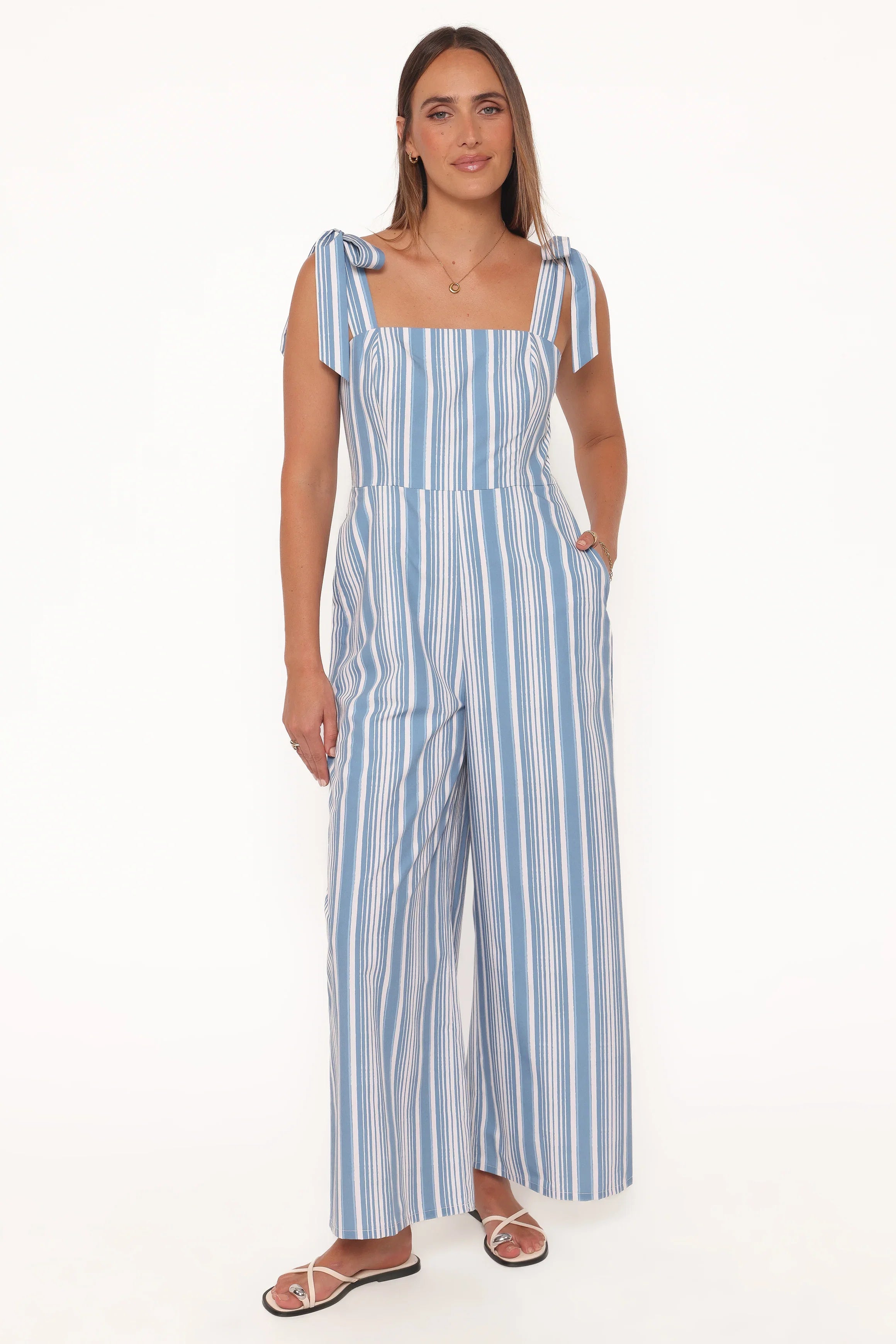 Ella Tie Shoulder Jumpsuit Blue White Stripe