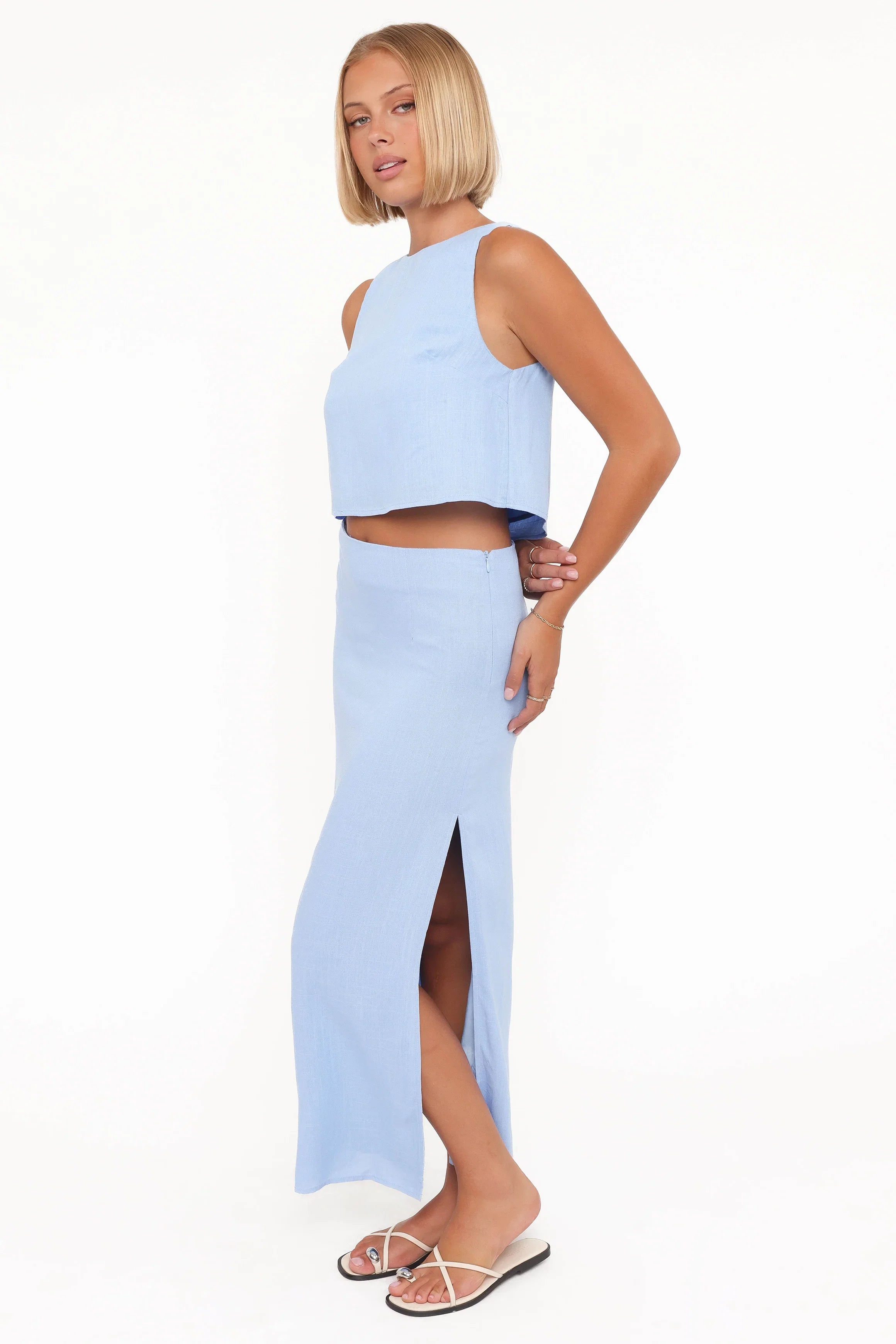 Madison Linen Column Skirt Blue