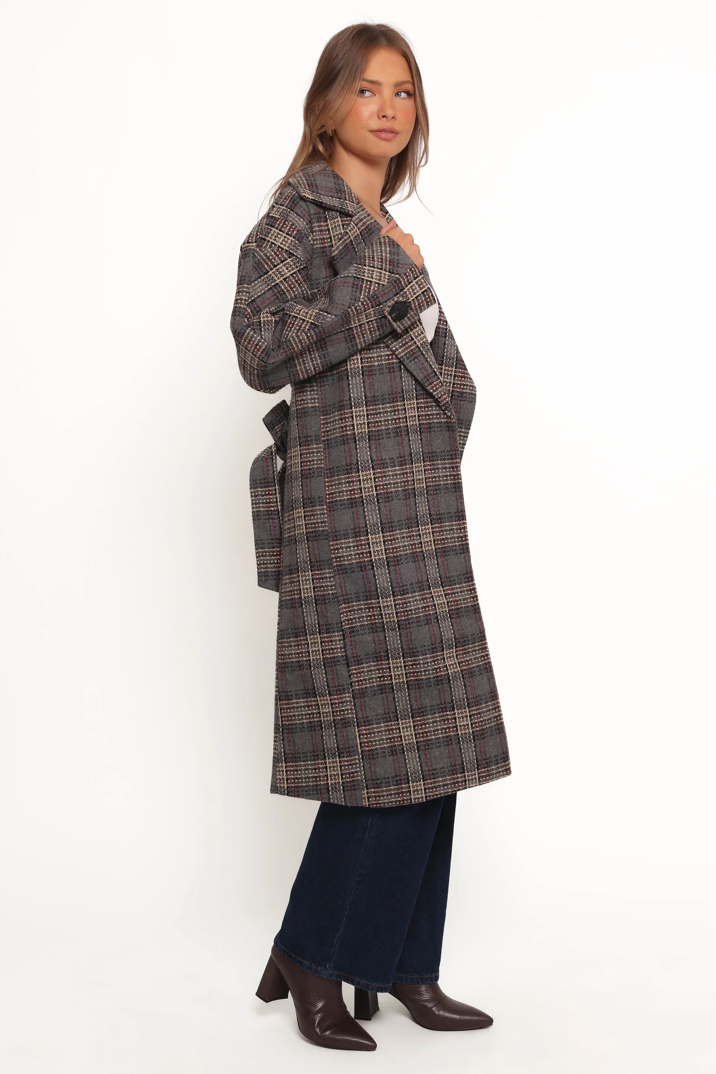 Torie Waist Tie Long Coat Grey Check