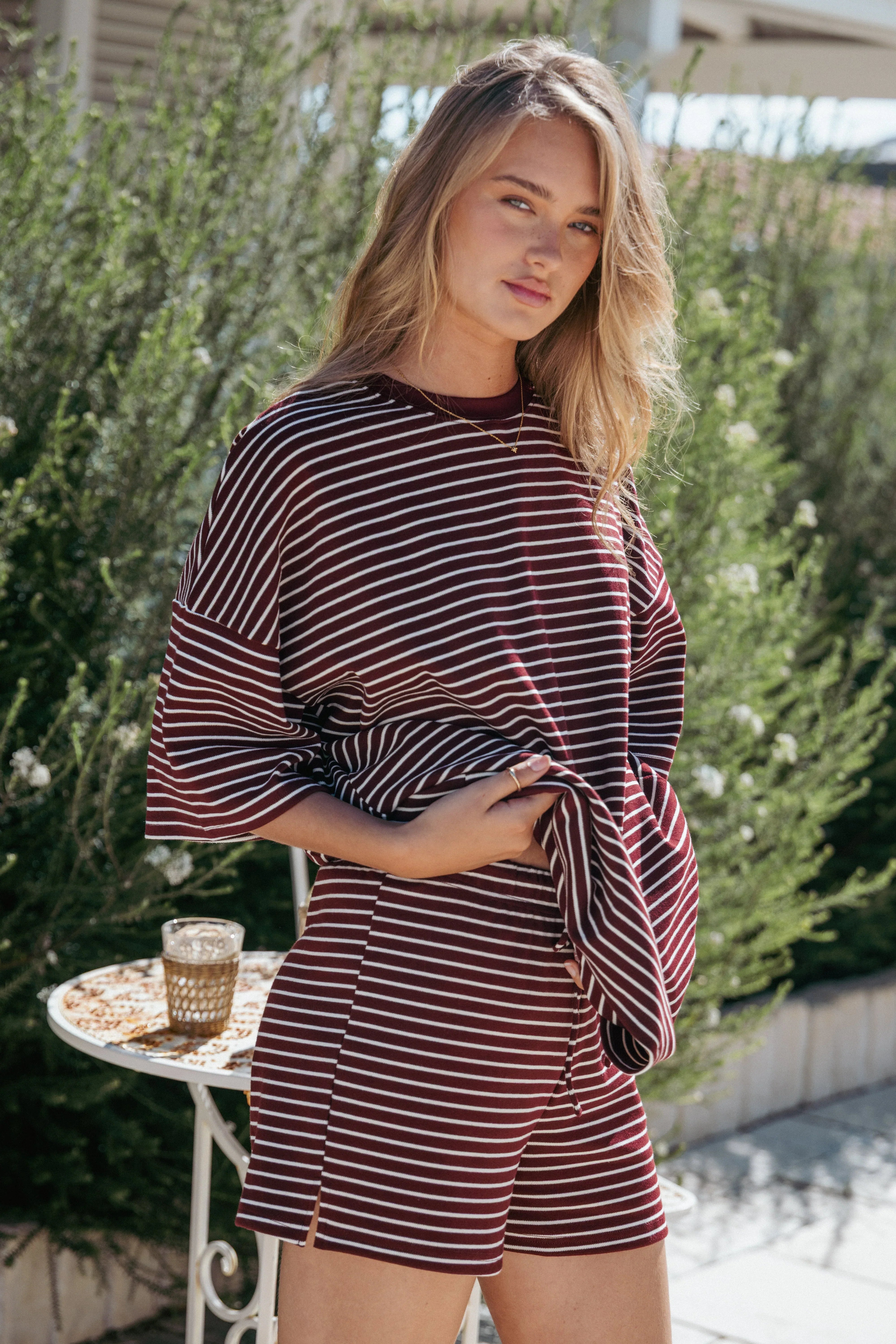Hellen Stripe Short Set Burgundy Cream Stripe