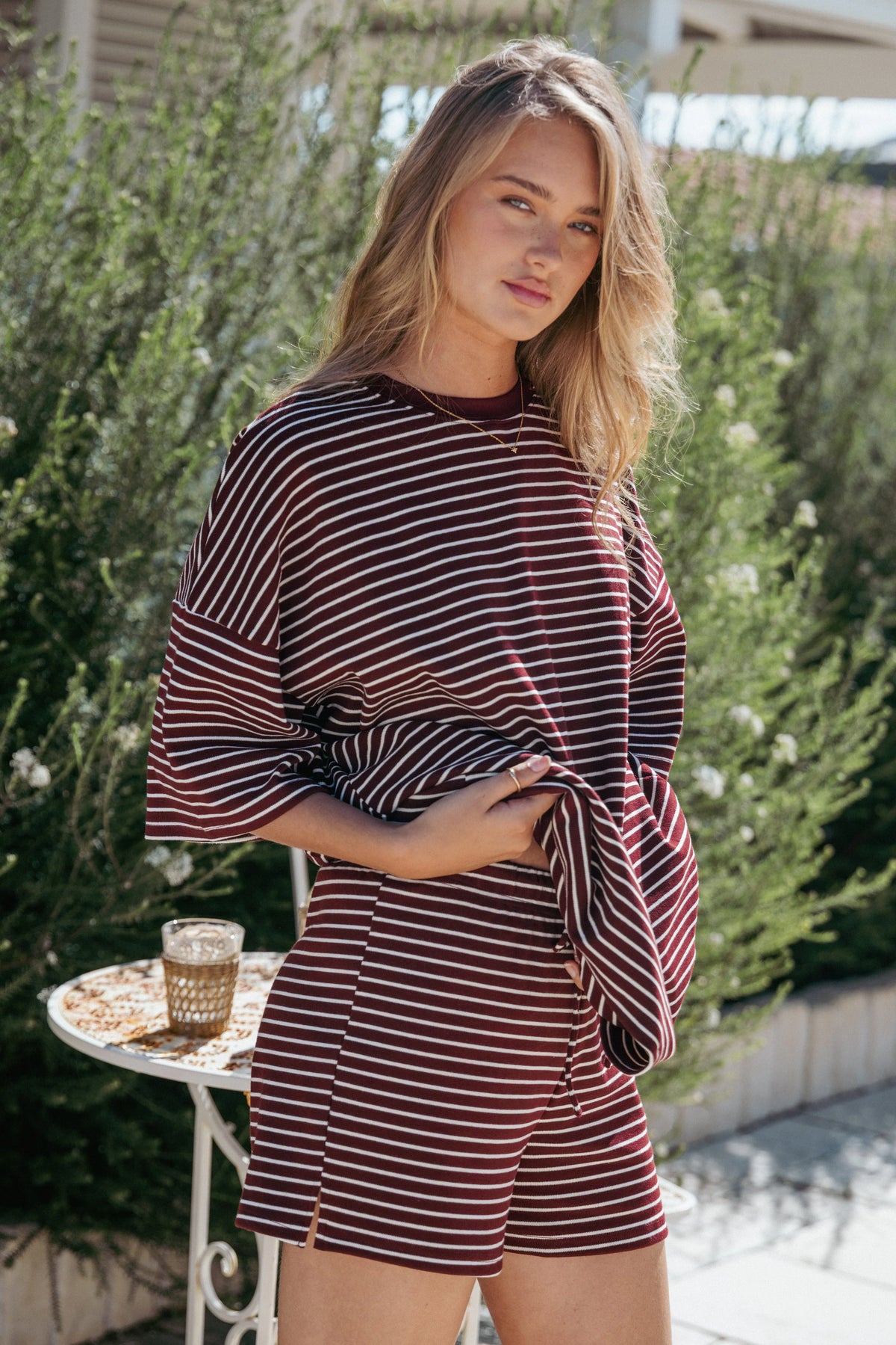 Hellen Stripe Short Set Burgundy Cream Stripe