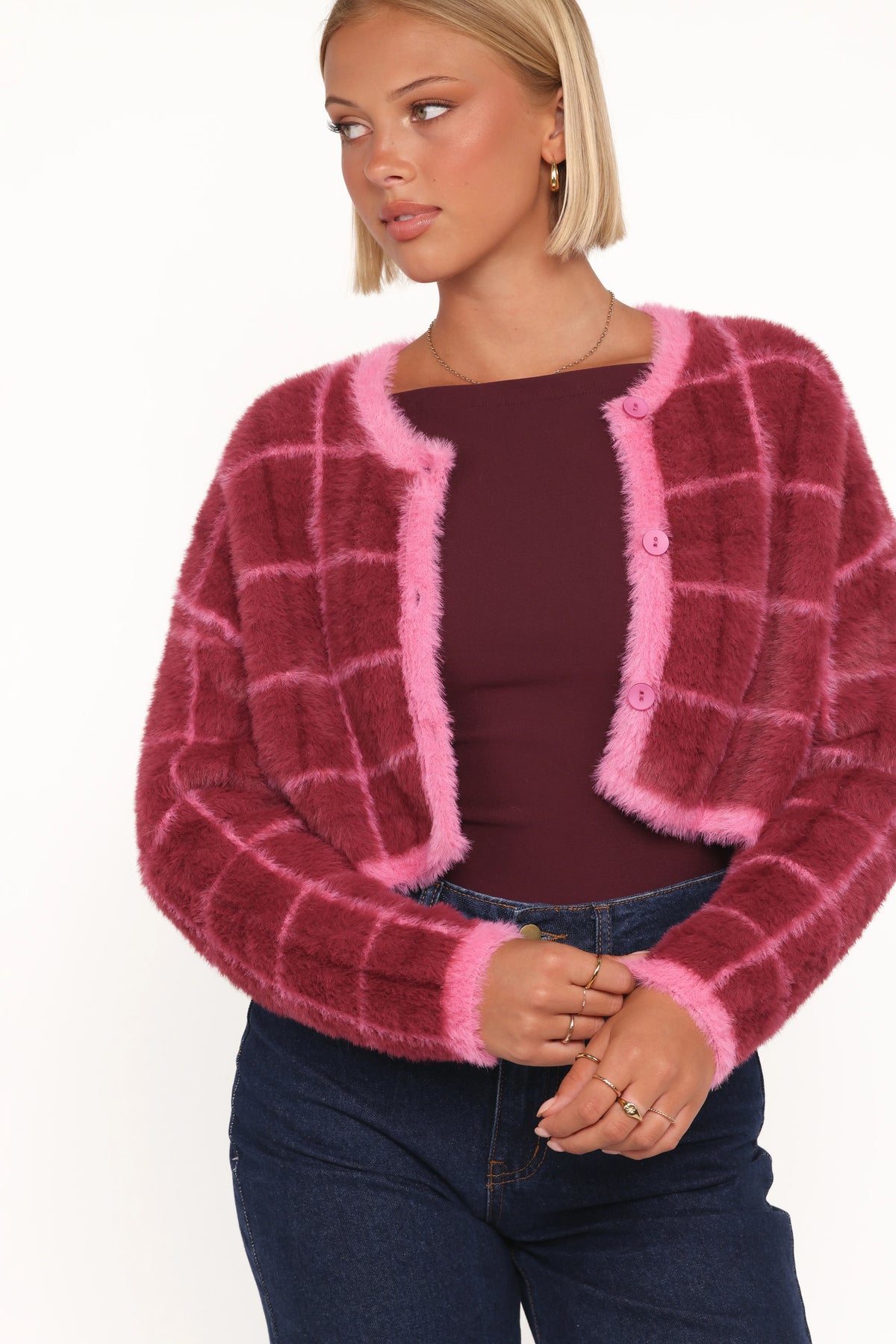 Viola Plaid Button Front Cardigan Burgundy