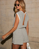 Kaylie Striped Terry Cloth Drawstring Waist Romper