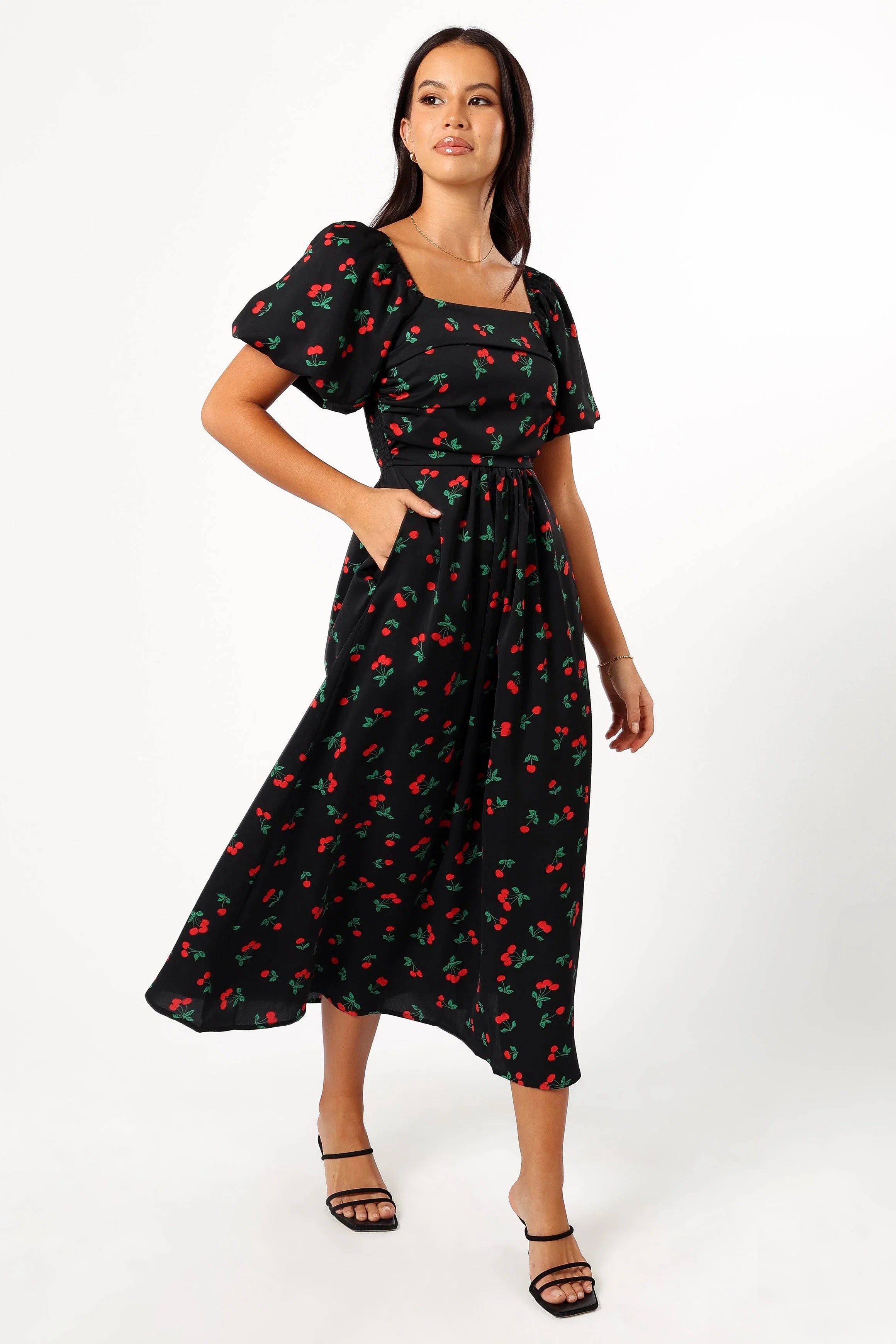 Chlo Puff Sleeve Midi Dress Cherry Print