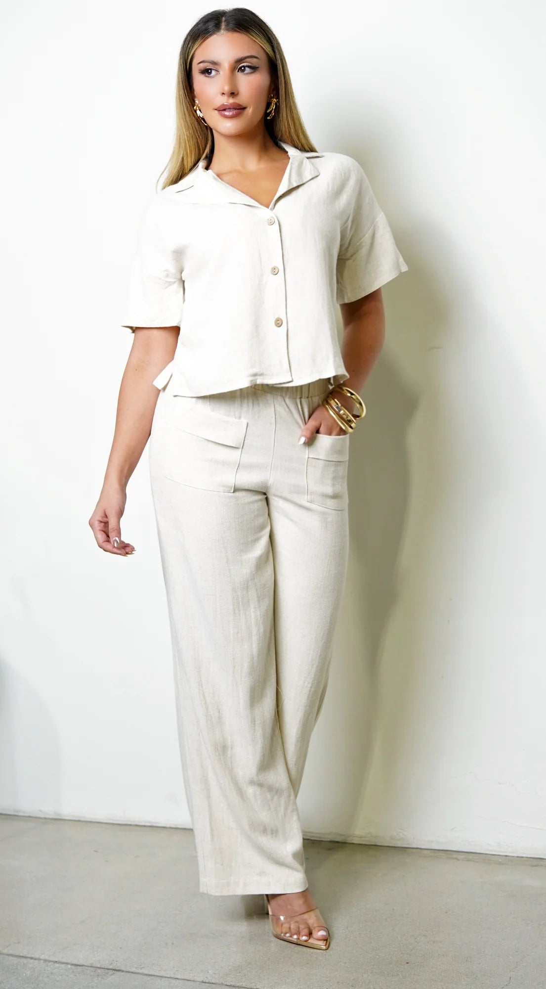 Lior Front Button Down Linen Set Beige