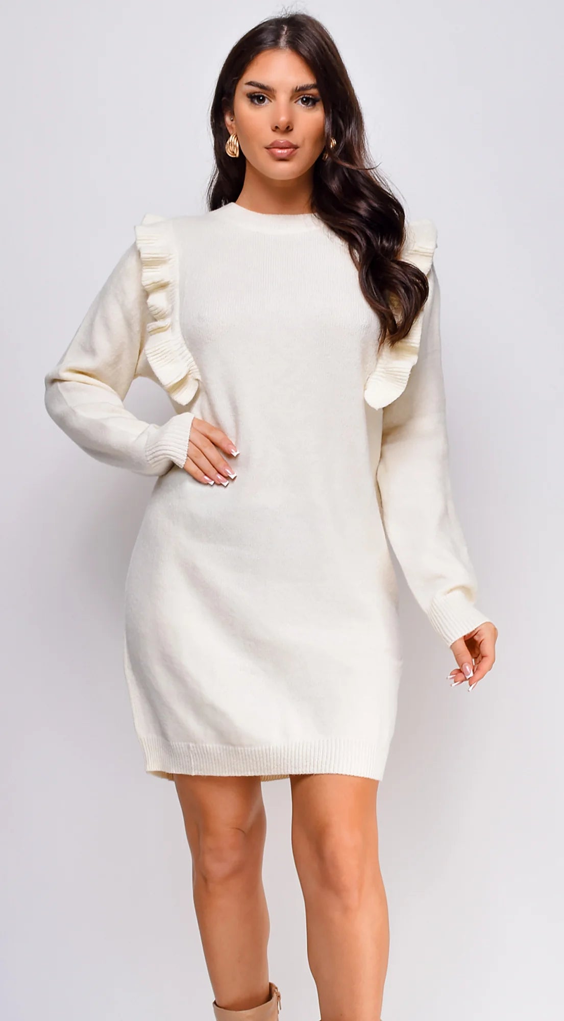 Juno Long Sleeve Ruffle Detail Sweater Mini Dress Ivory