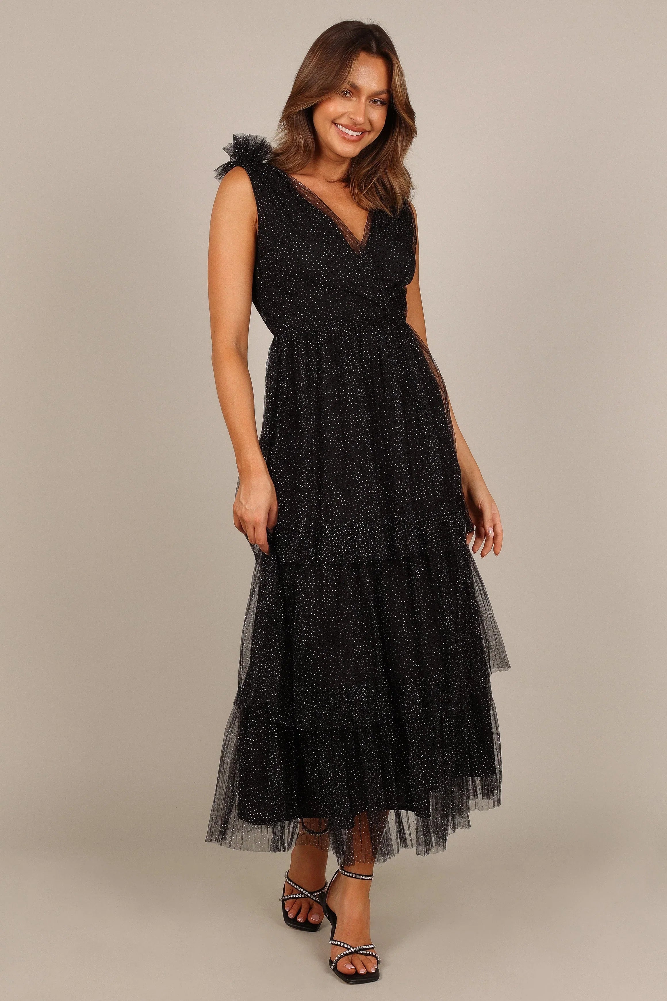 Asteria Tulle Tiered Maxi Dress Black Sparkle