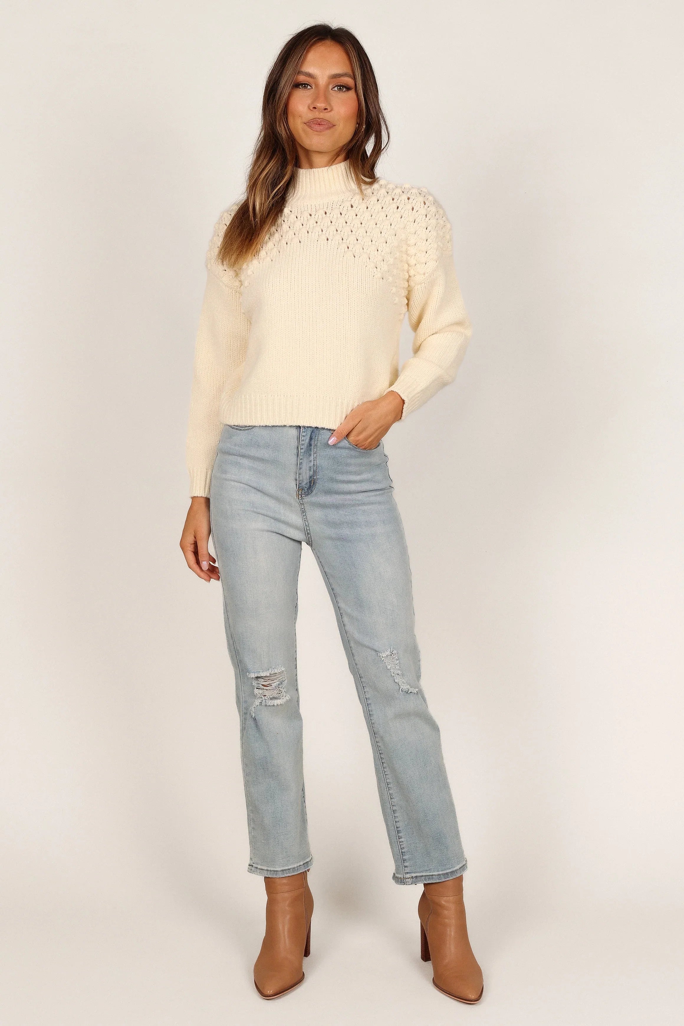 Mia Textured Shoulder Knit Sweater Cream