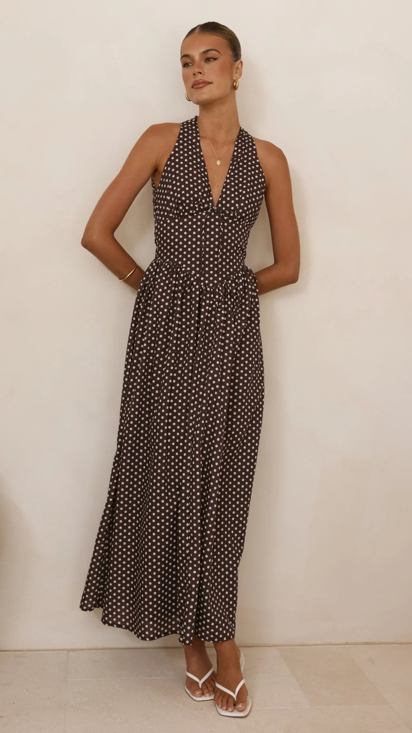 Rachel Tie Back Maxi Dress Chocolate White Spot
