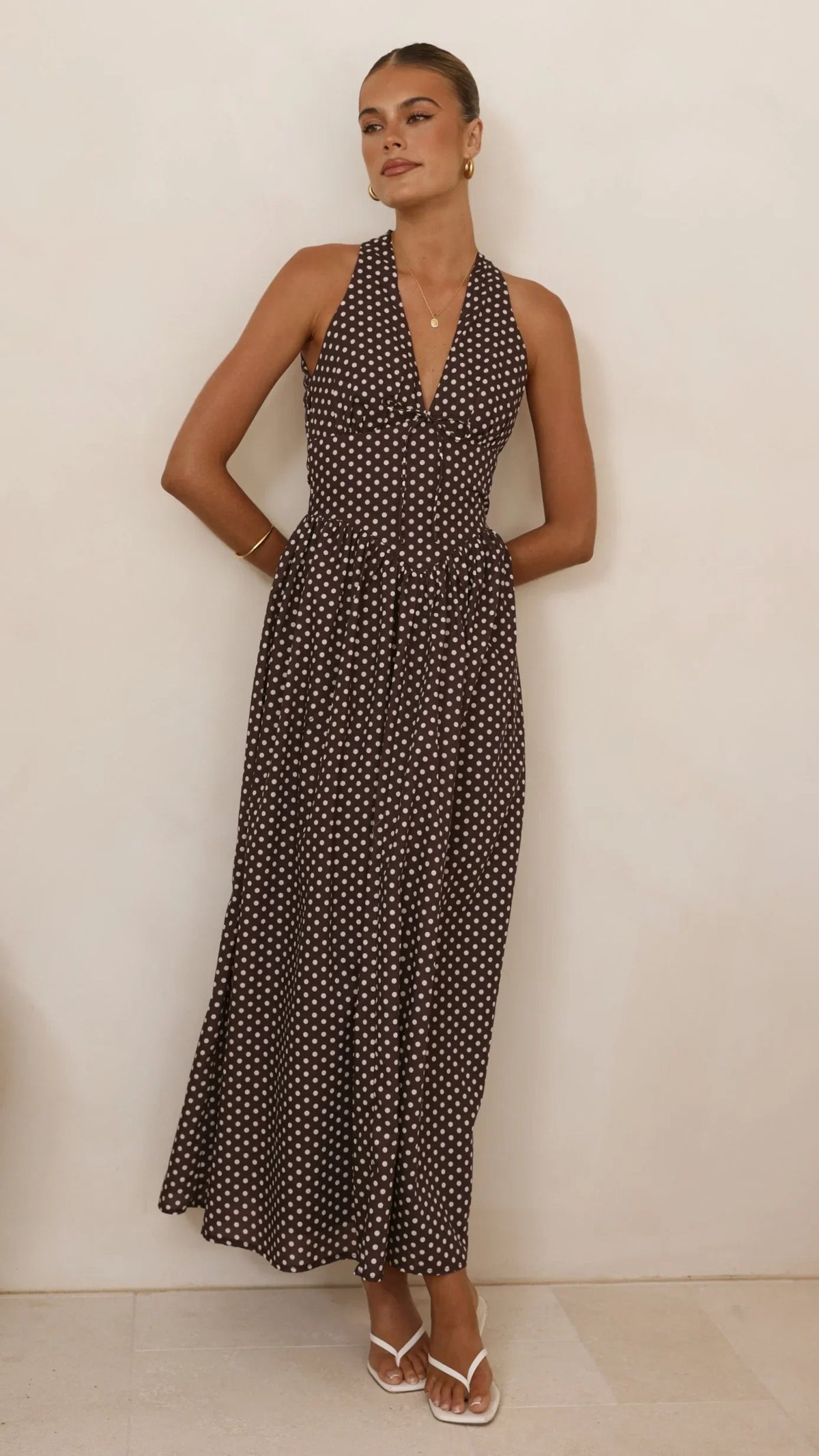Rachel Tie Back Maxi Dress Chocolate White Spot