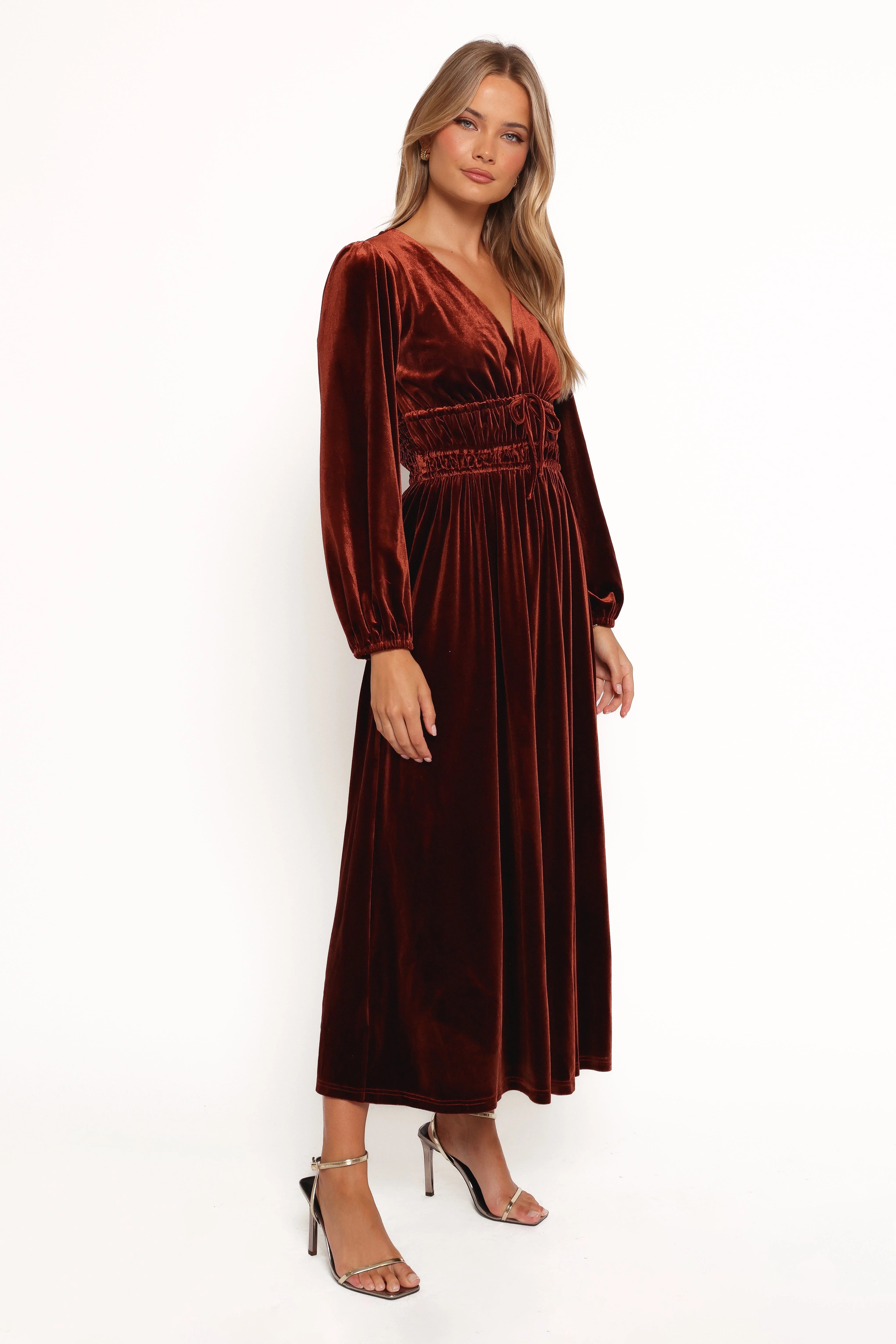 Cece Velvet Long Sleeve Maxi Dress Rust