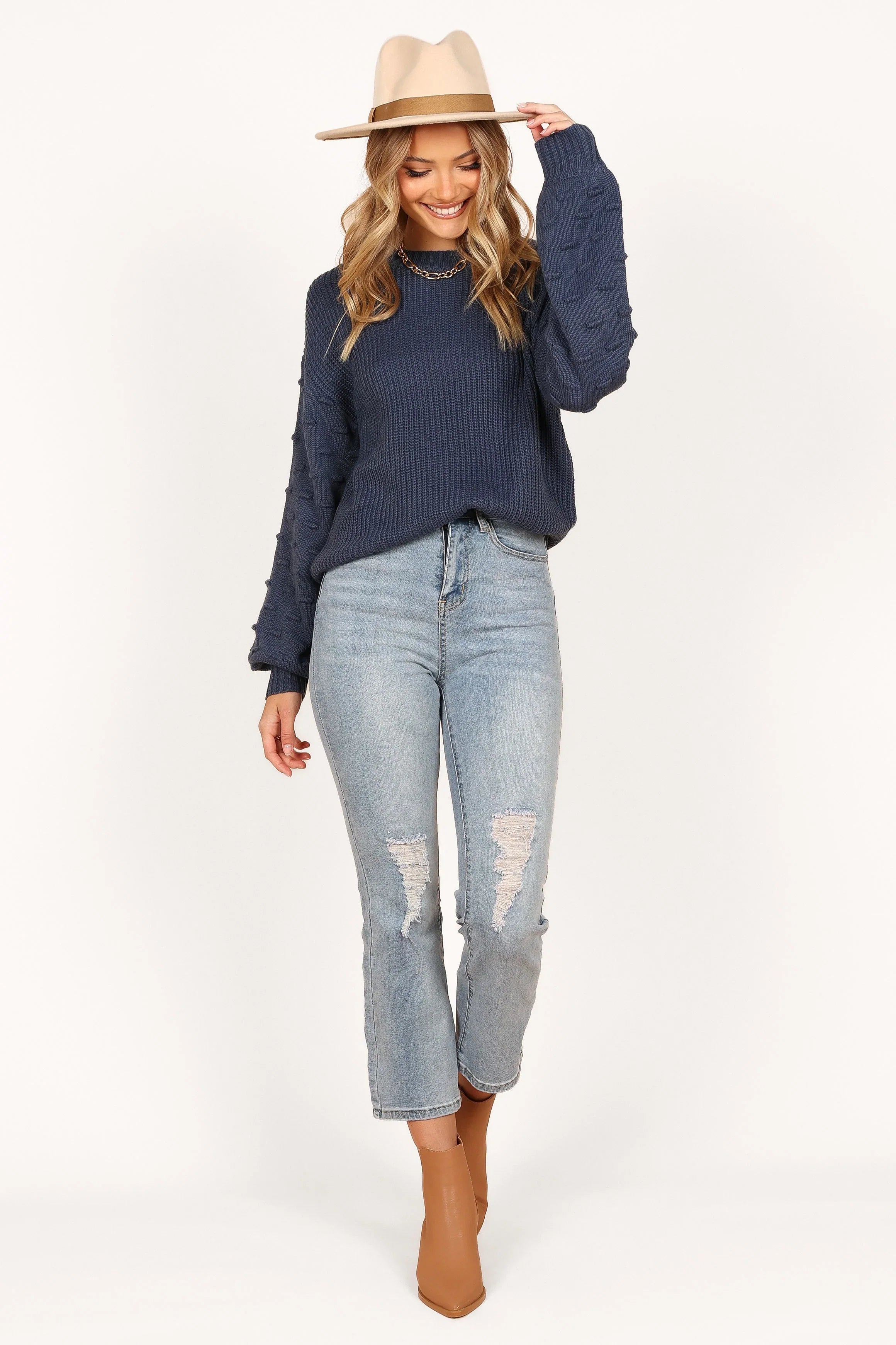 Katrina Textured Sleeve Crewneck Knit Sweater Midnight Blue