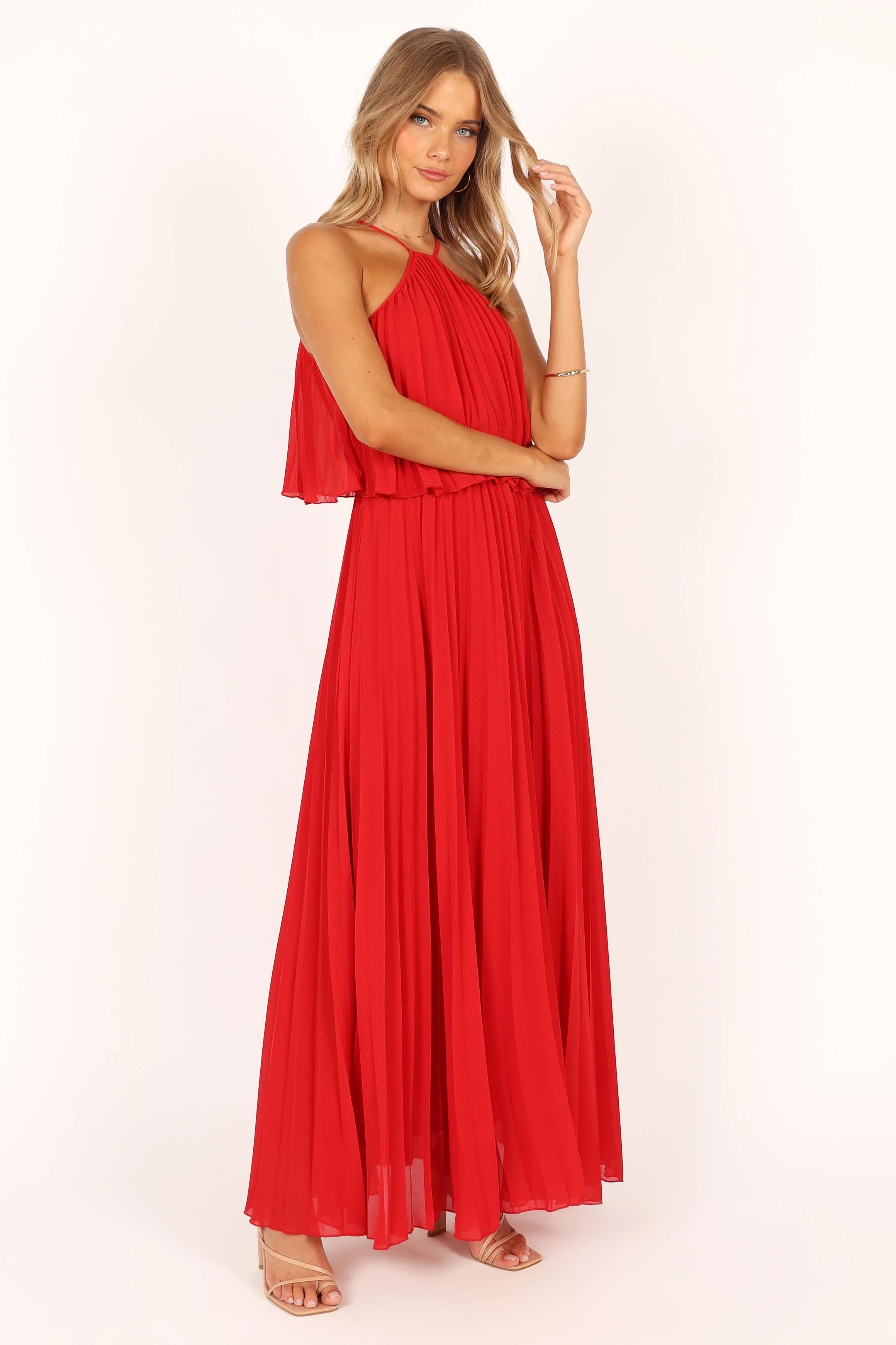 Gia Pleated Halterneck Maxi Dress Red