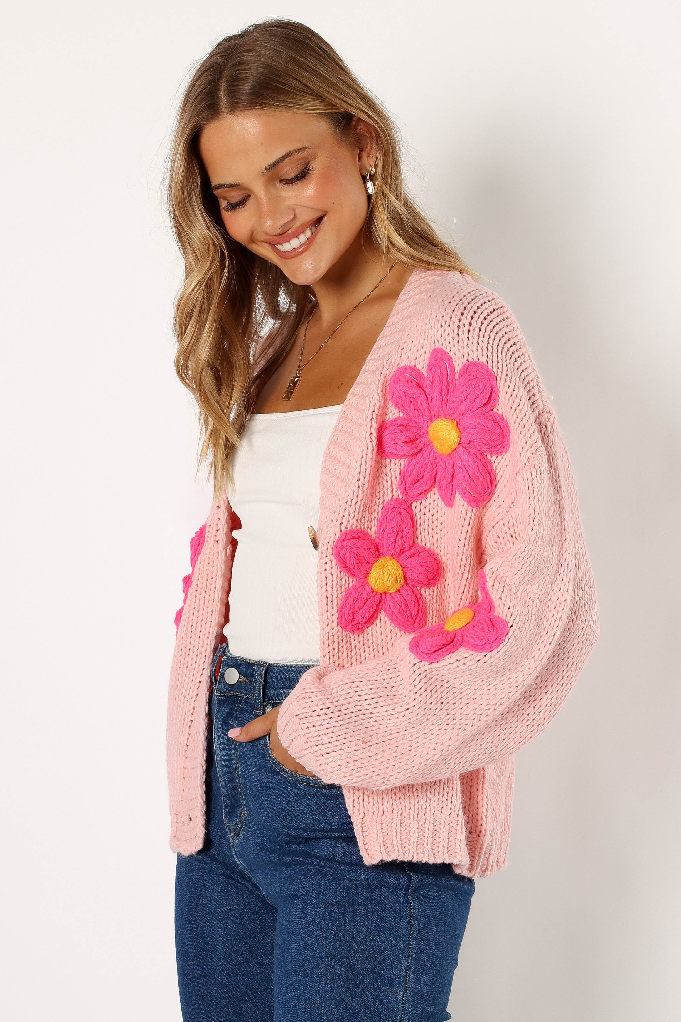 Clementine Flower Embroidered Open Front Cardigan Pink