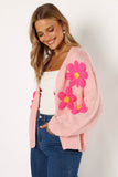 Clementine Flower Embroidered Open Front Cardigan Pink