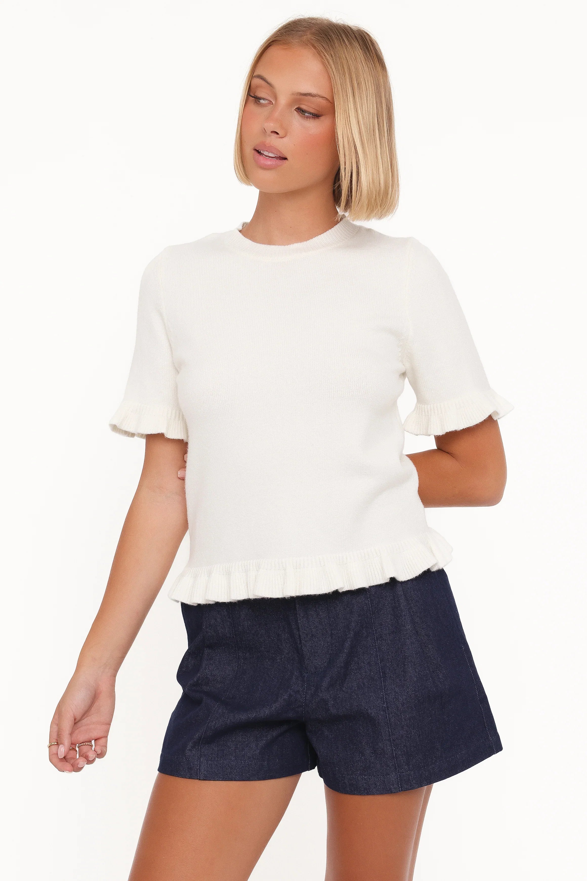 Emilie Short Sleeve Ruffle Crew Sweater Cream