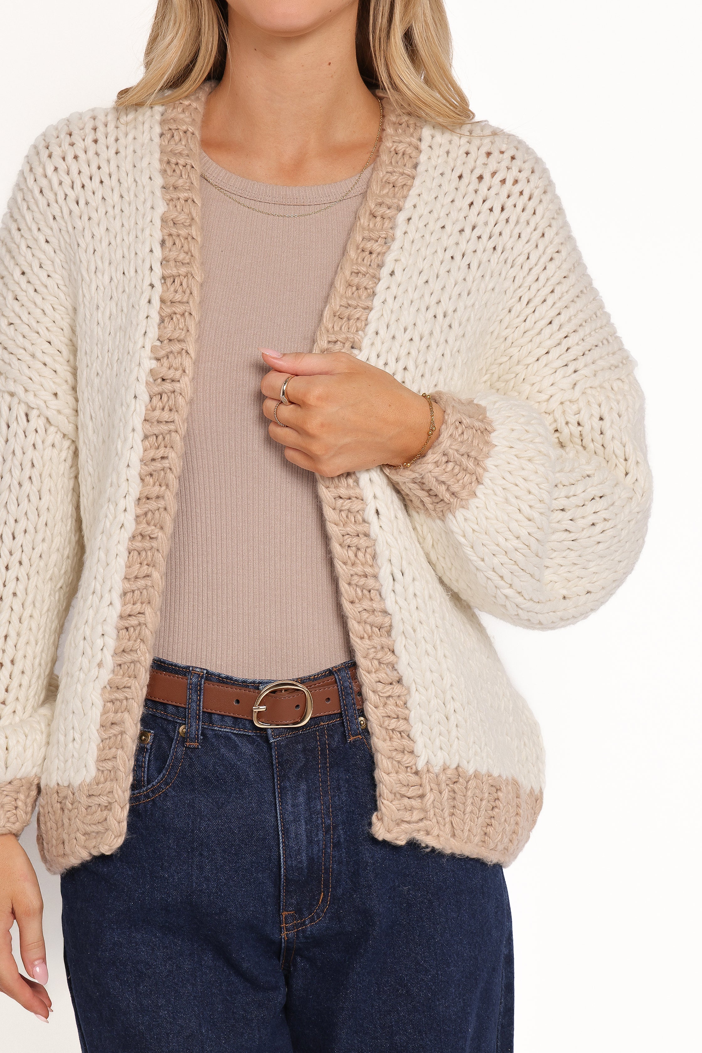 Anige Contrast Trim Cardigan Cream