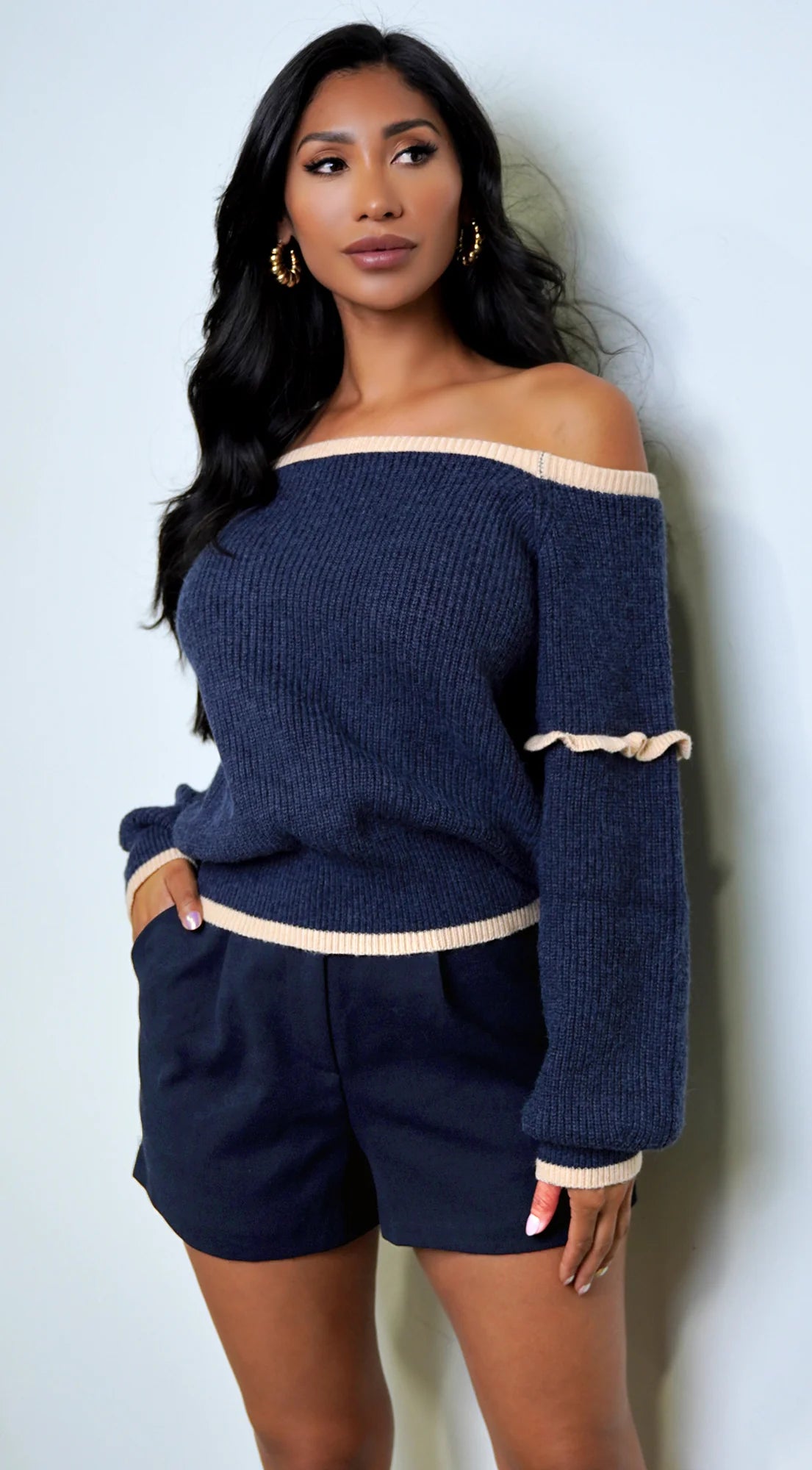 Frankfurt Off Shoulder Sweater Top Blue