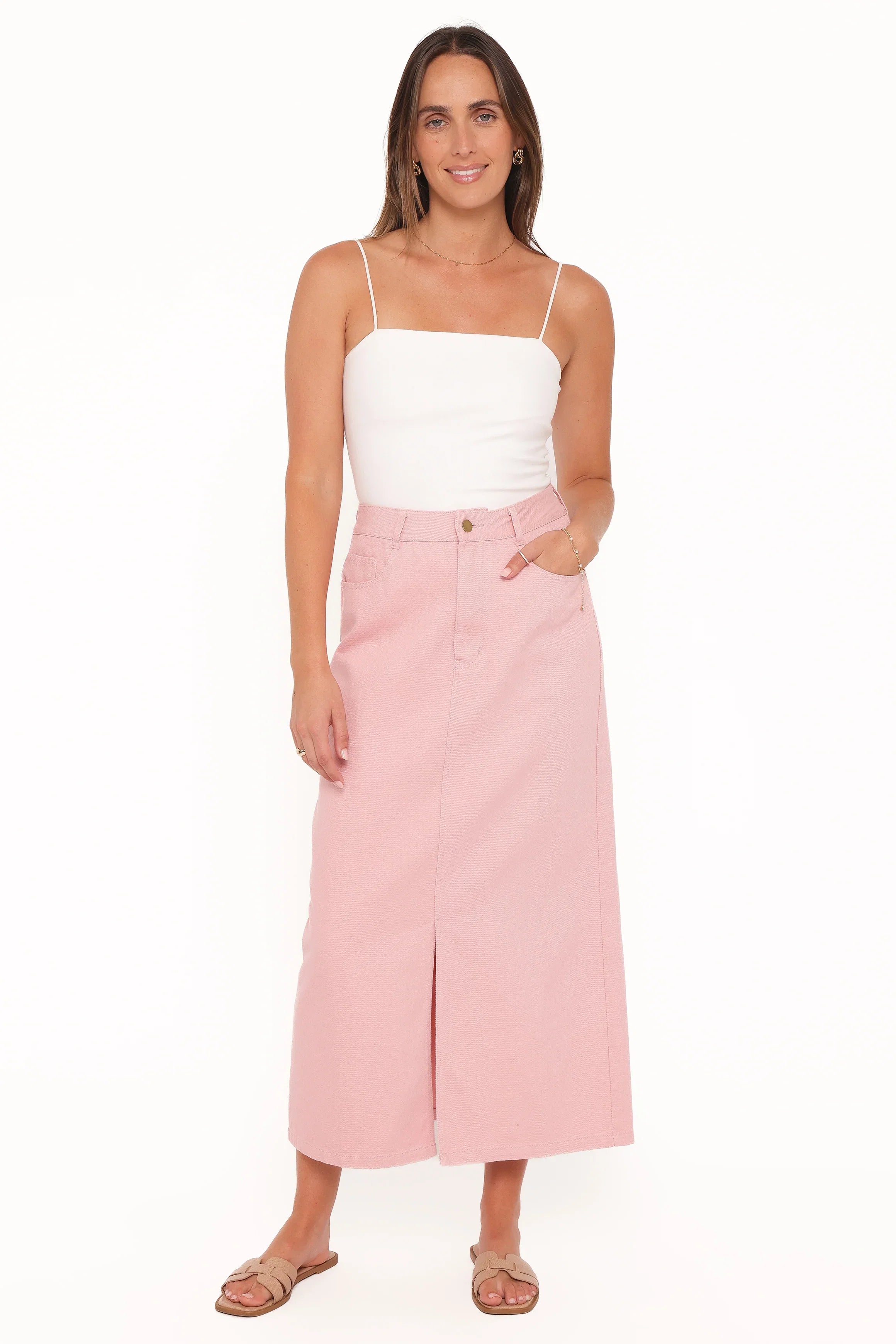 Dana Denim Midi Skirt Dusty Pink