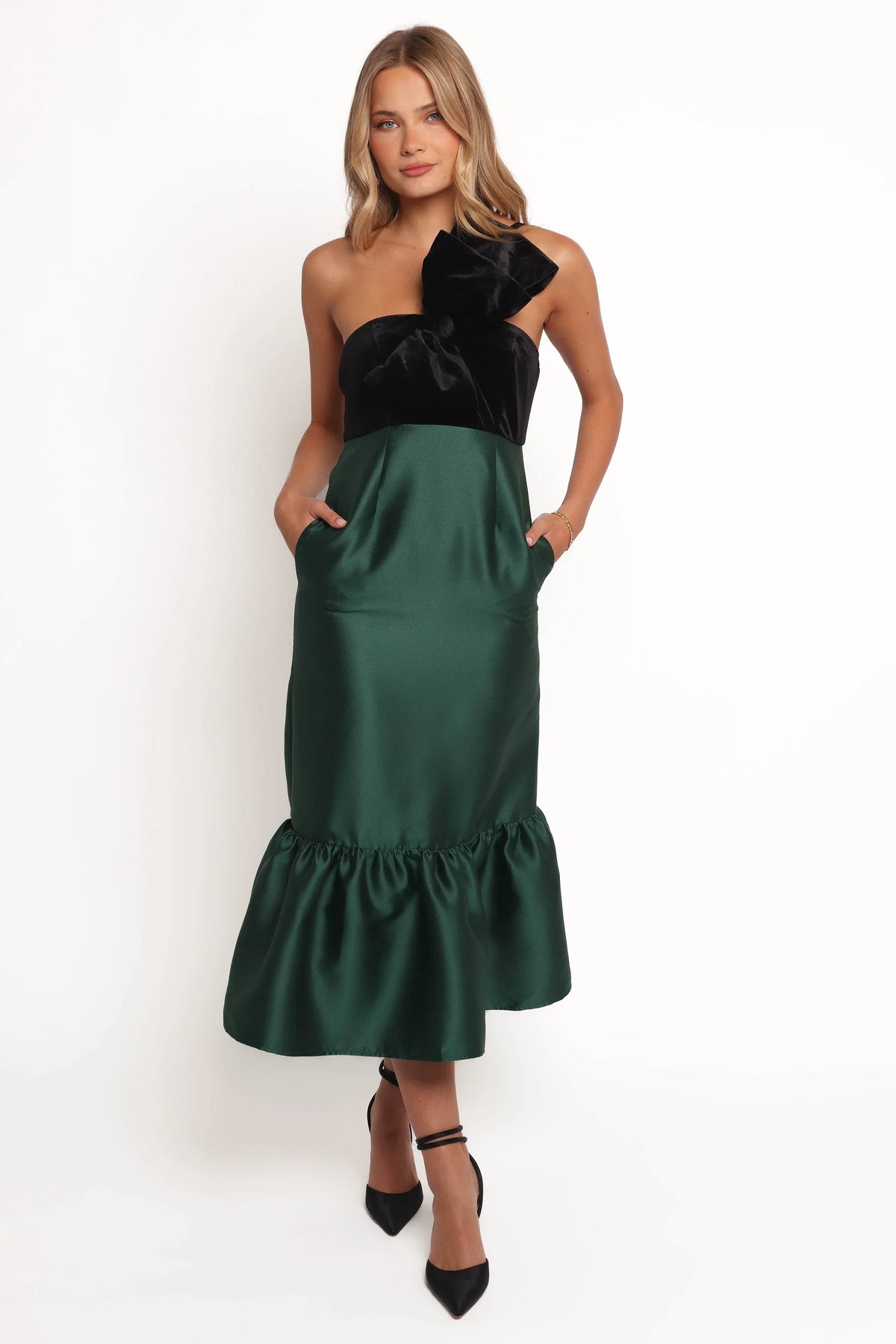 Amelie Bow Front One Shoulder Midi Dress Black Emerald