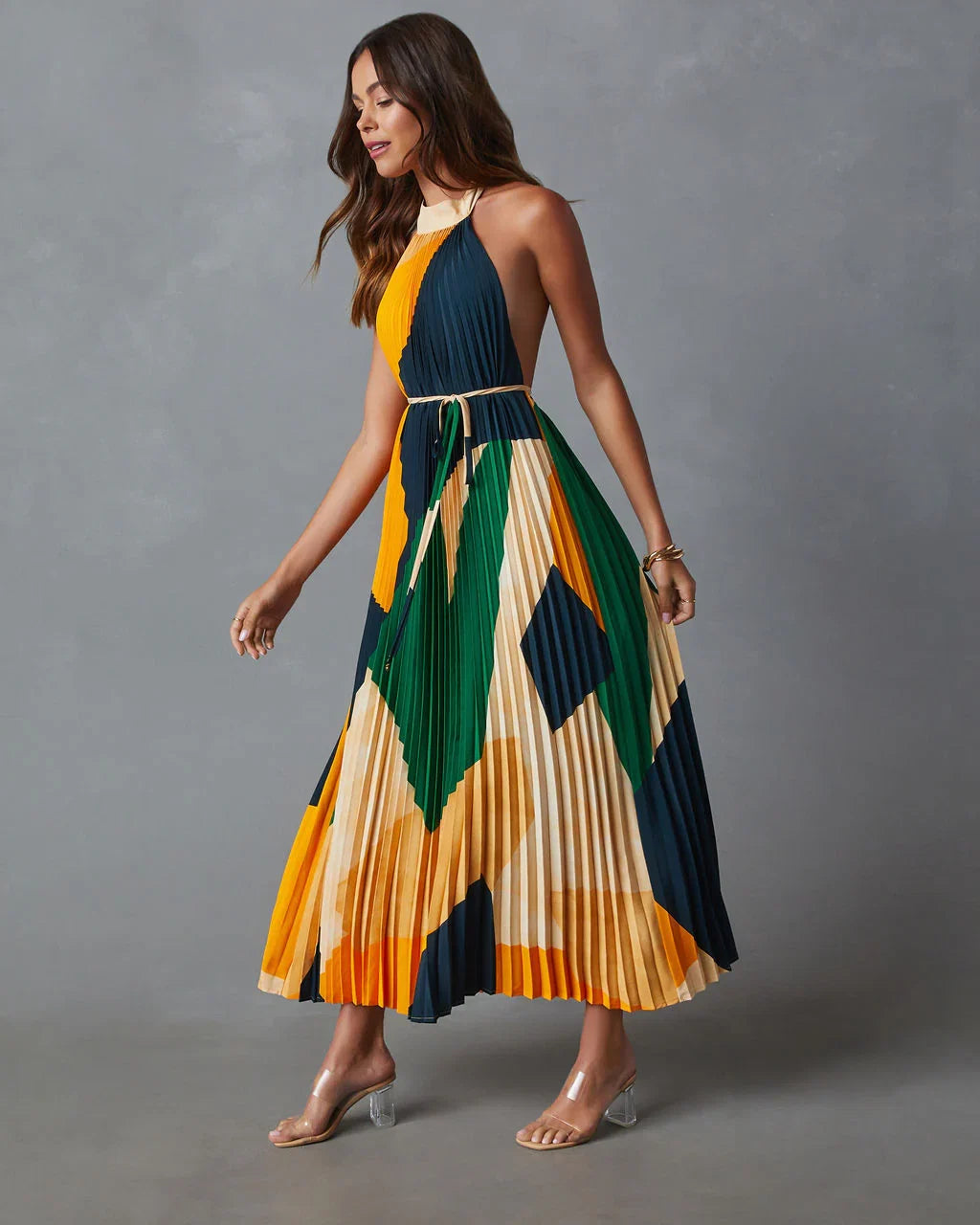 Cheyenne Abstract Pleated Halter Midi Dress