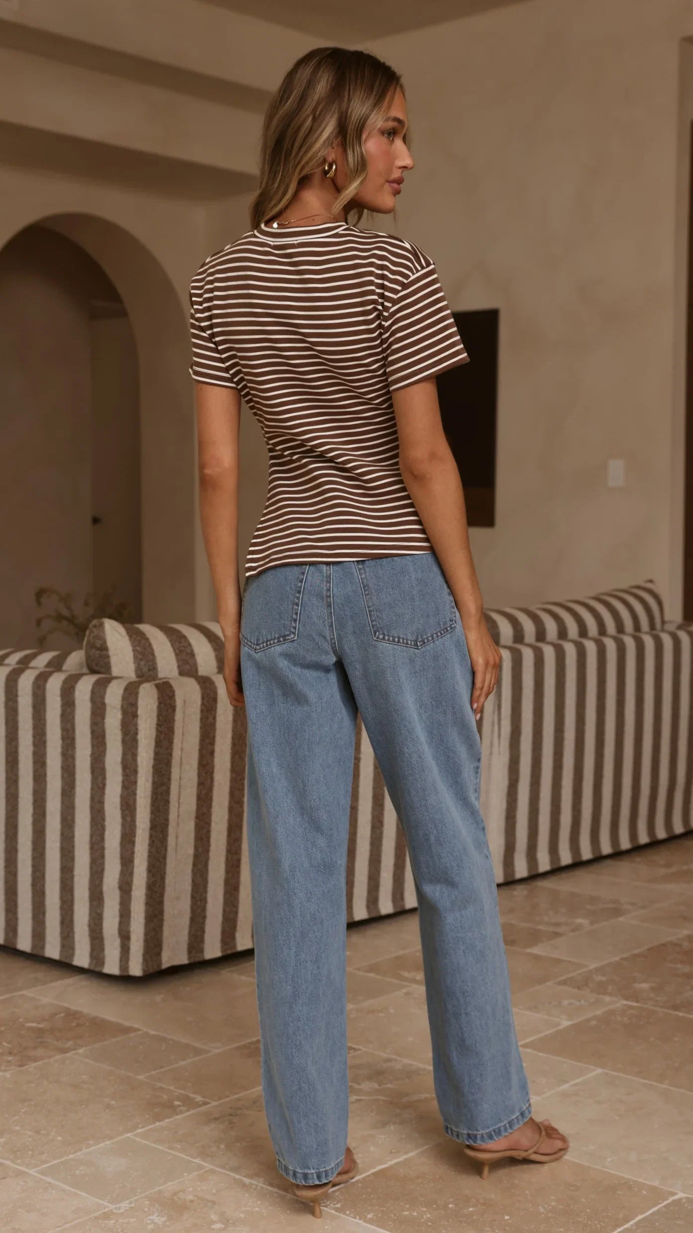 Tiarna Side Ruched Tee Brown White Stripe