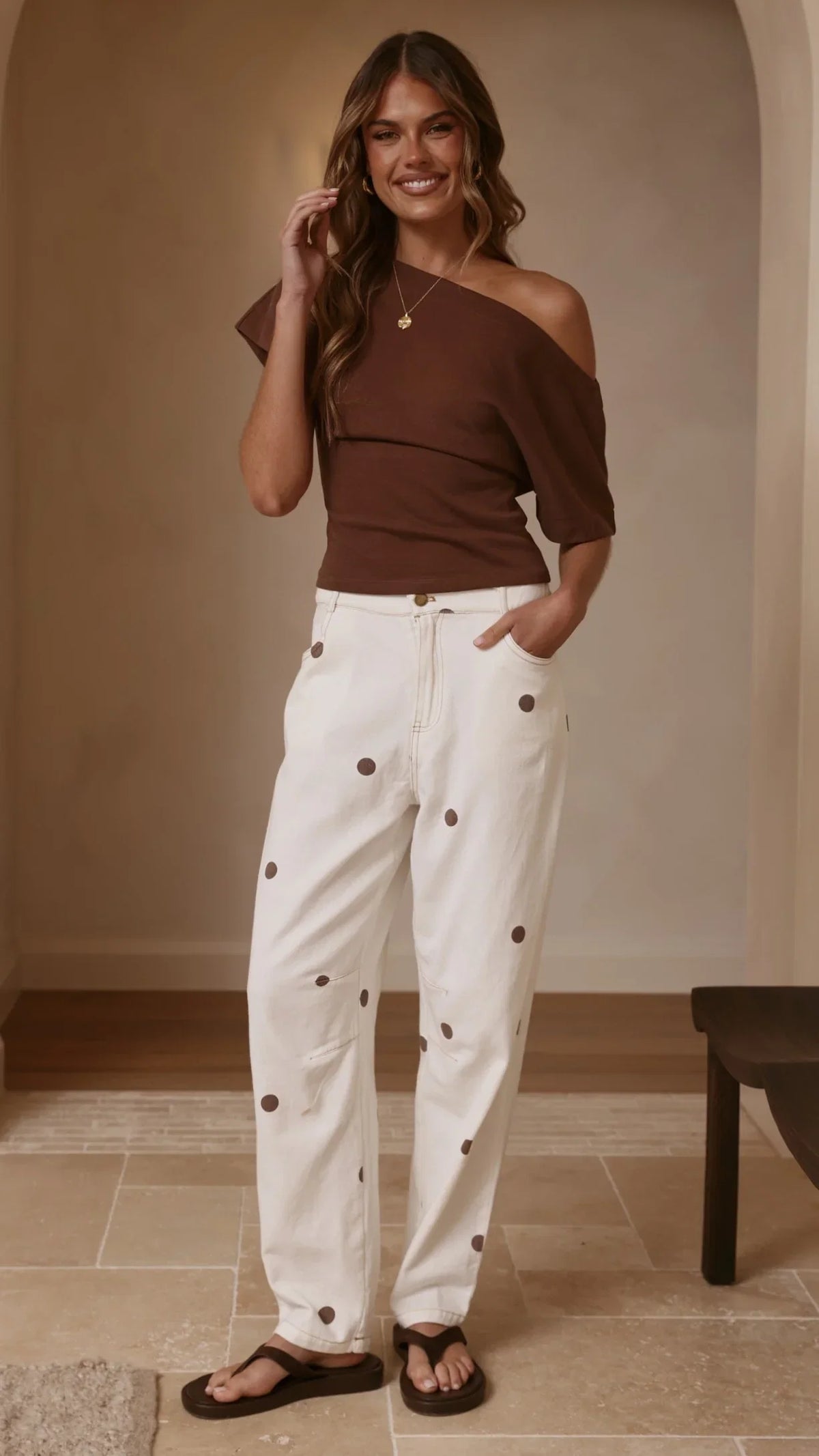 Cleora Barrel Jeans Cream Polka