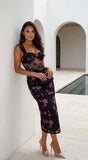 Cerelise Floral Lace Ruched Maxi Dress Navy Blue