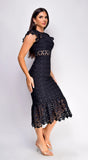 Phoebe Eyelet Lace Ruffle Midi Dress Black
