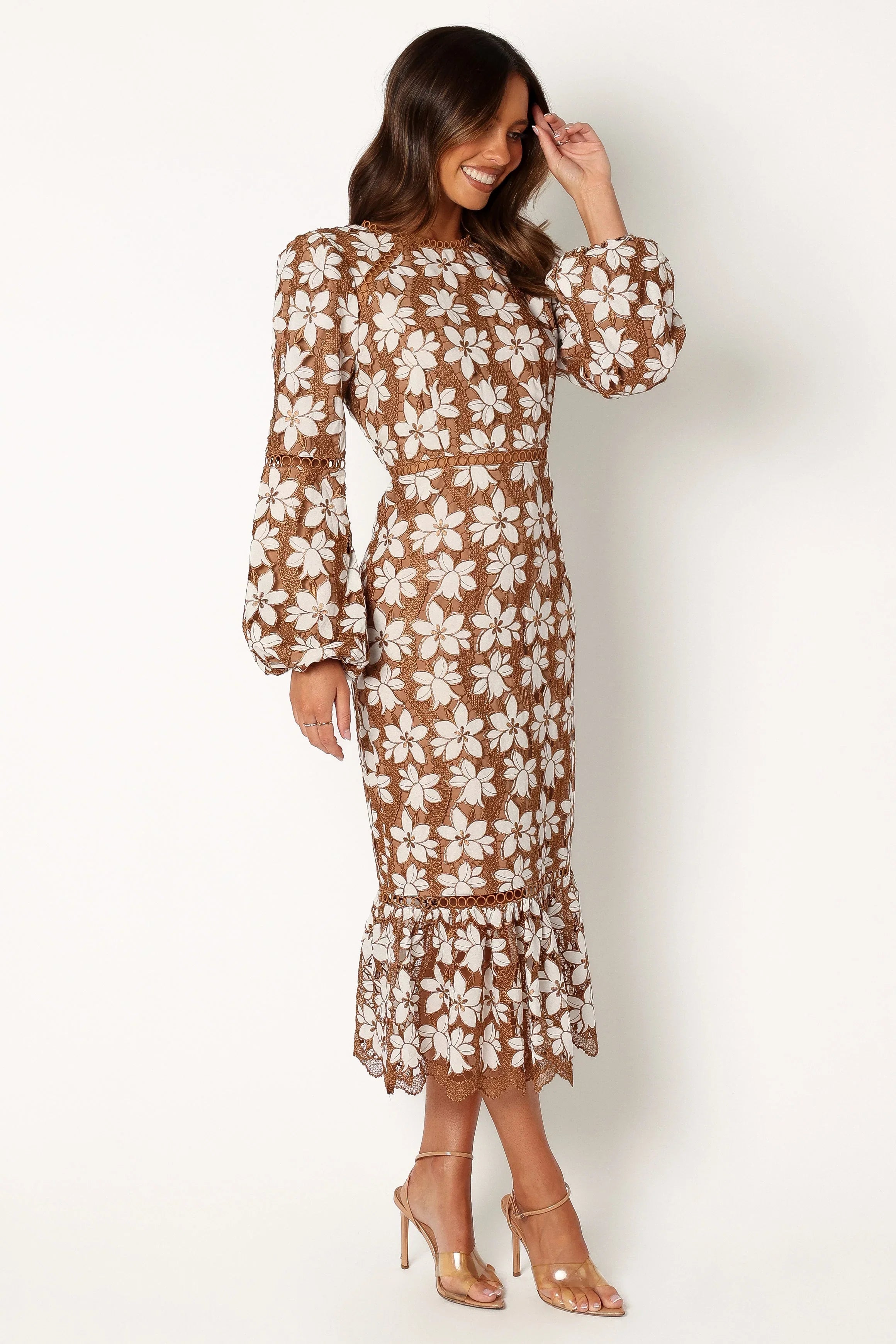 Pierre Long Sleeve Lace Maxi Dress Mocha