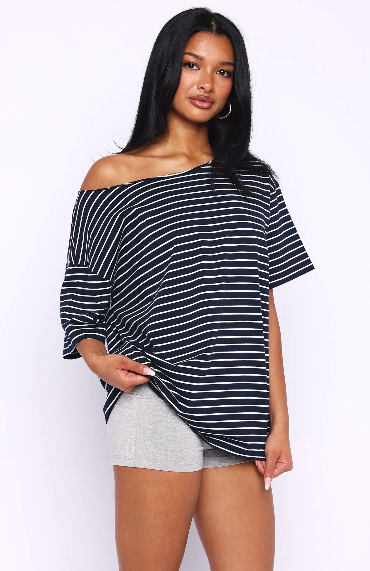Give Me Options Off Shoulder Tee Navy White Stripe