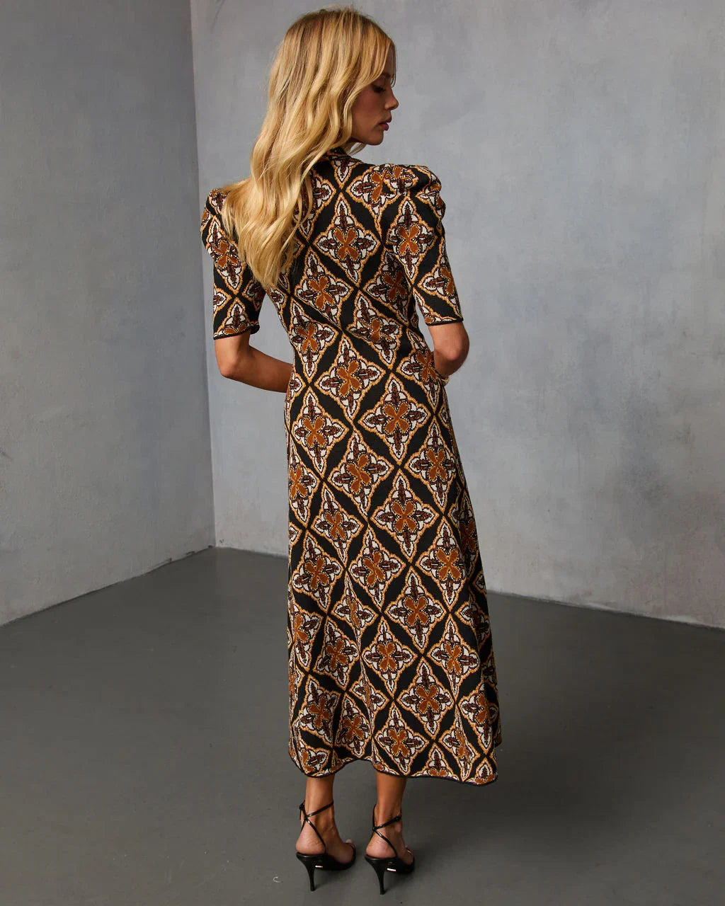 Olivyne Printed Mock Neck Knit Midi Dress
